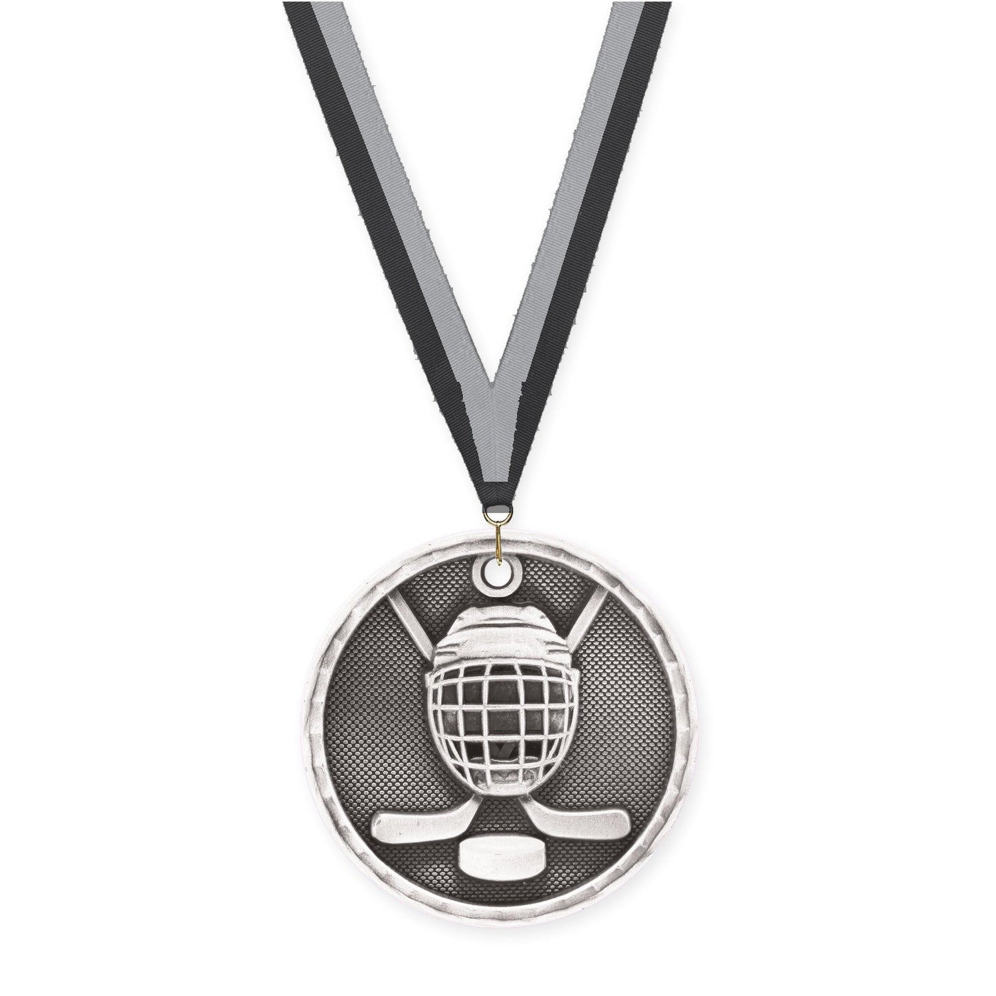 2 inch hockey 3-D medal in antique silver with Black Gray neck ribbon