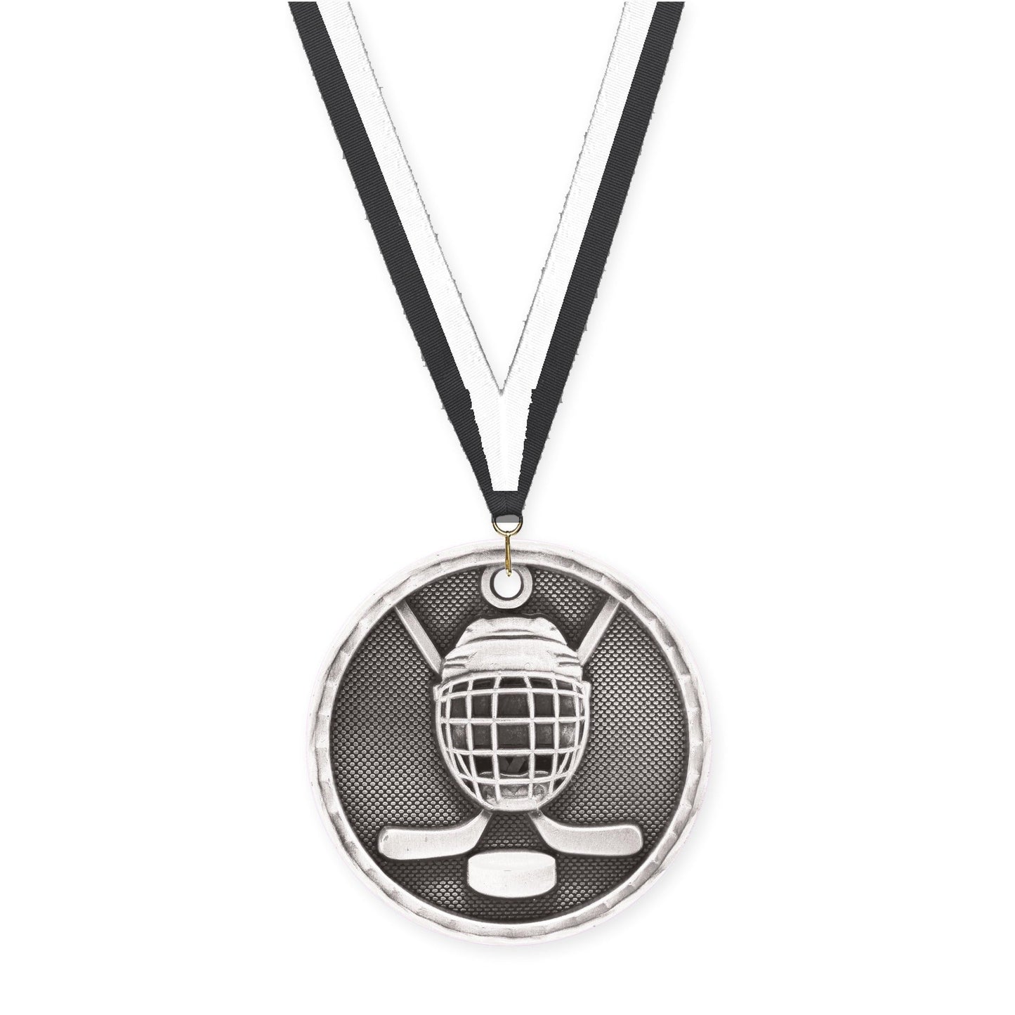 2 inch hockey 3-D medal in antique silver with Black White neck ribbon