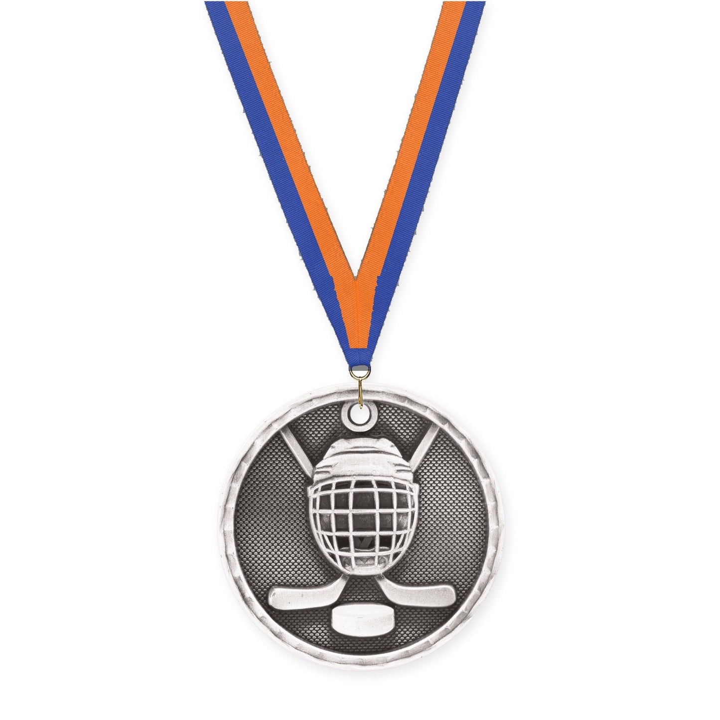 2 inch hockey 3-D medal in antique silver with Blue Orange neck ribbon