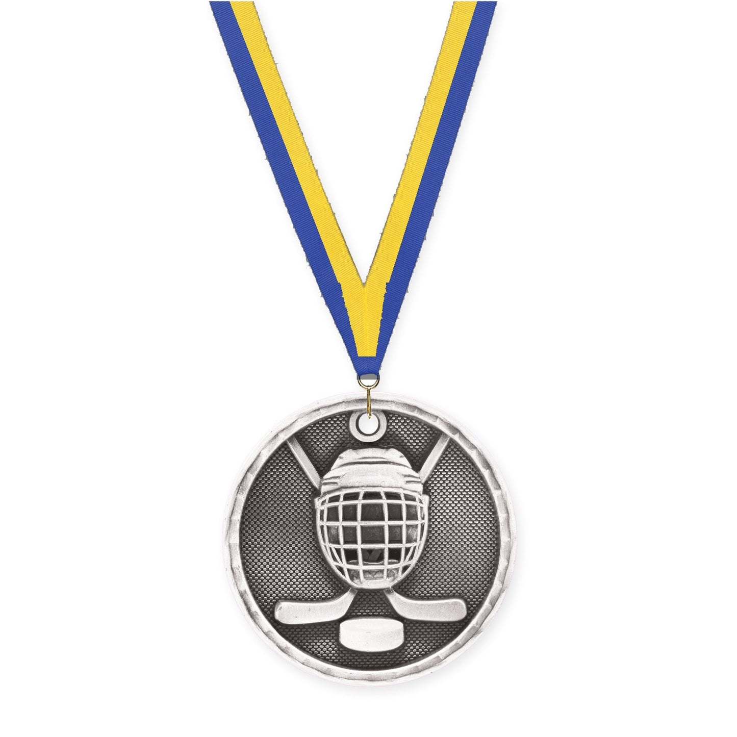 2 inch hockey 3-D medal in antique silver with Blue Yellow neck ribbon