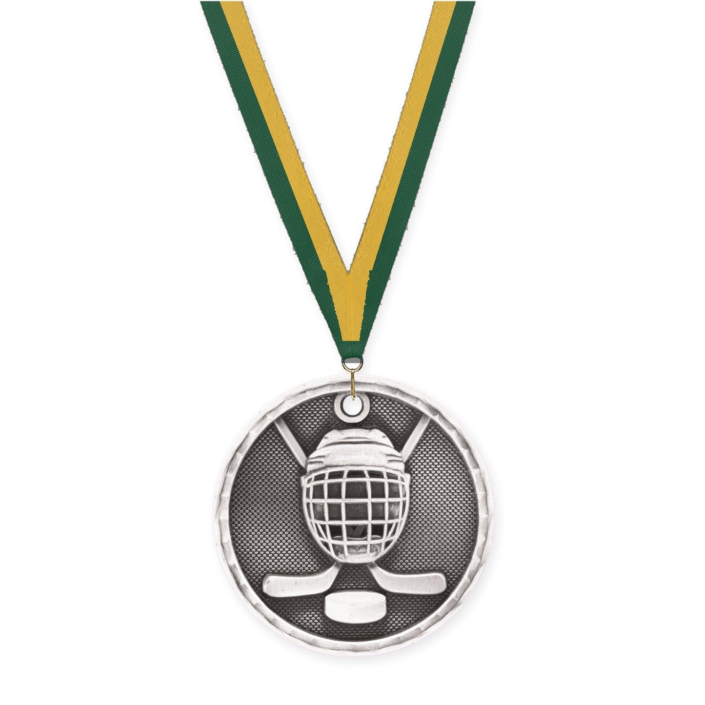 2 inch hockey 3-D medal in antique silver with Hunter Green Gold neck ribbon