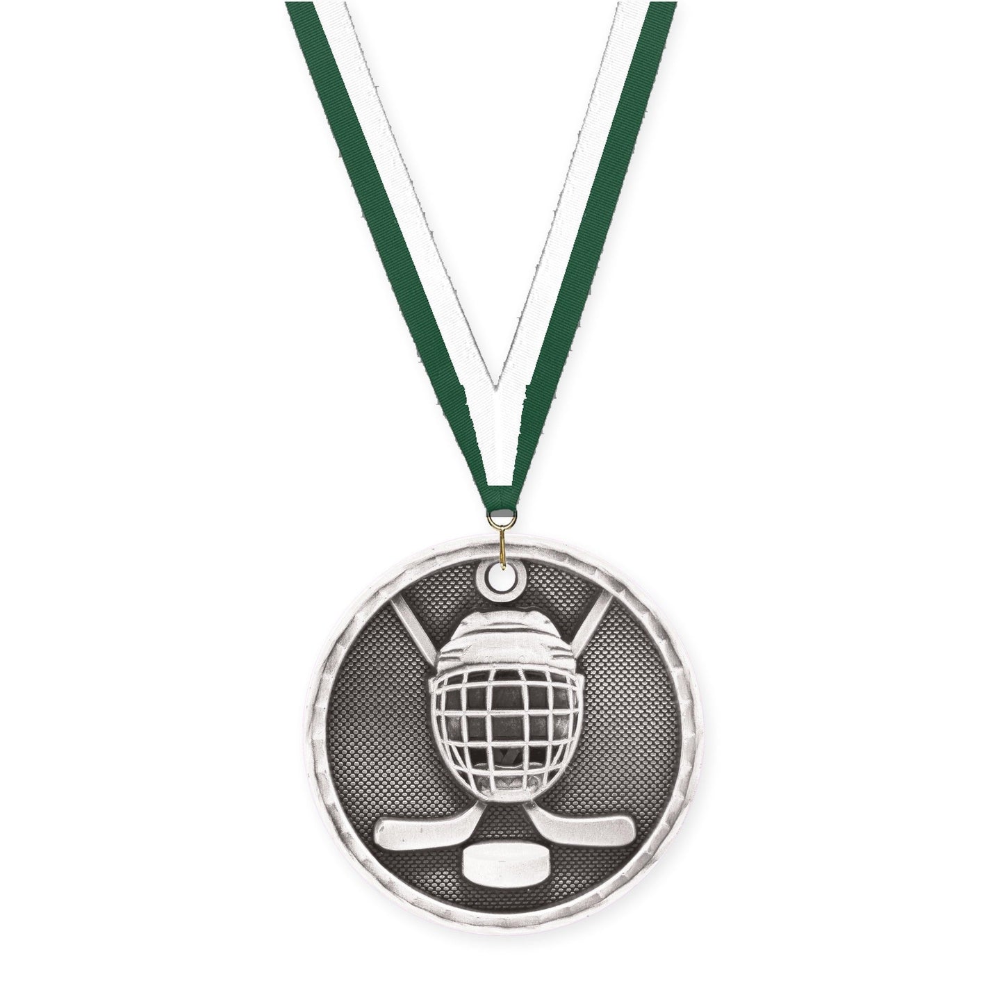 2 inch hockey 3-D medal in antique silver with Hunter Green White neck ribbon
