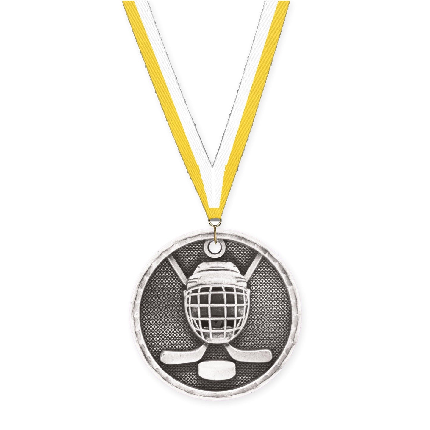 2 inch hockey 3-D medal in antique silver with Yellow White neck ribbon