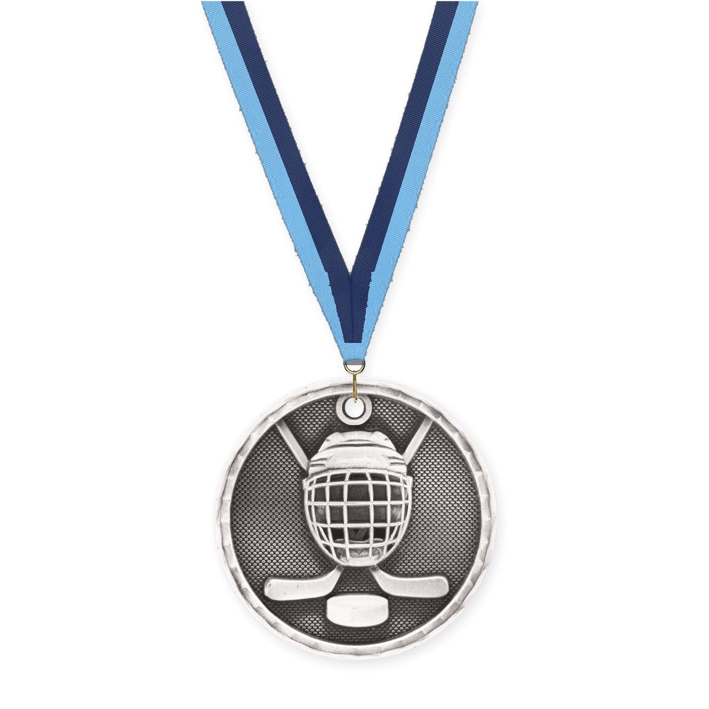 2 inch hockey 3-D medal in antique silver with Light Blue Navy neck ribbon