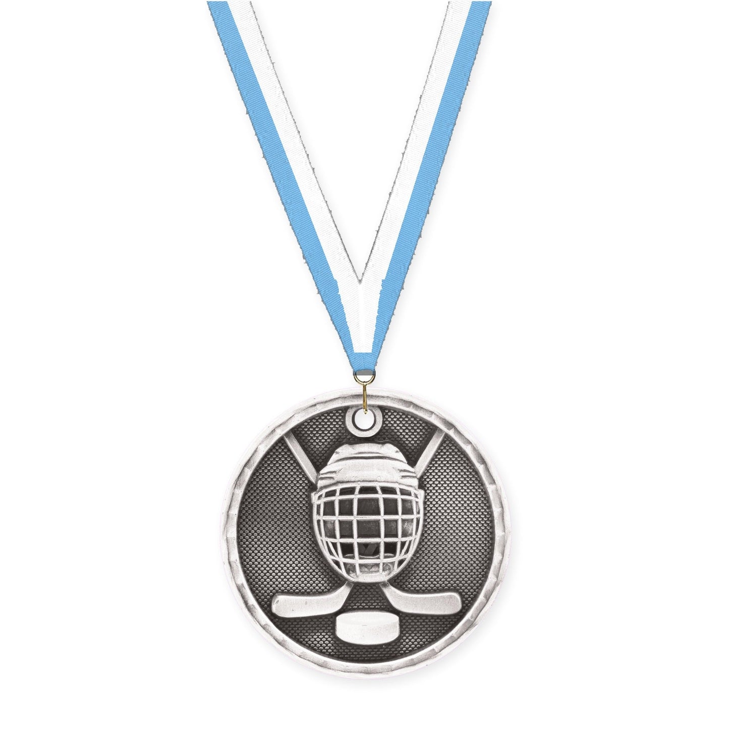 2 inch hockey 3-D medal in antique silver with Light Blue White neck ribbon