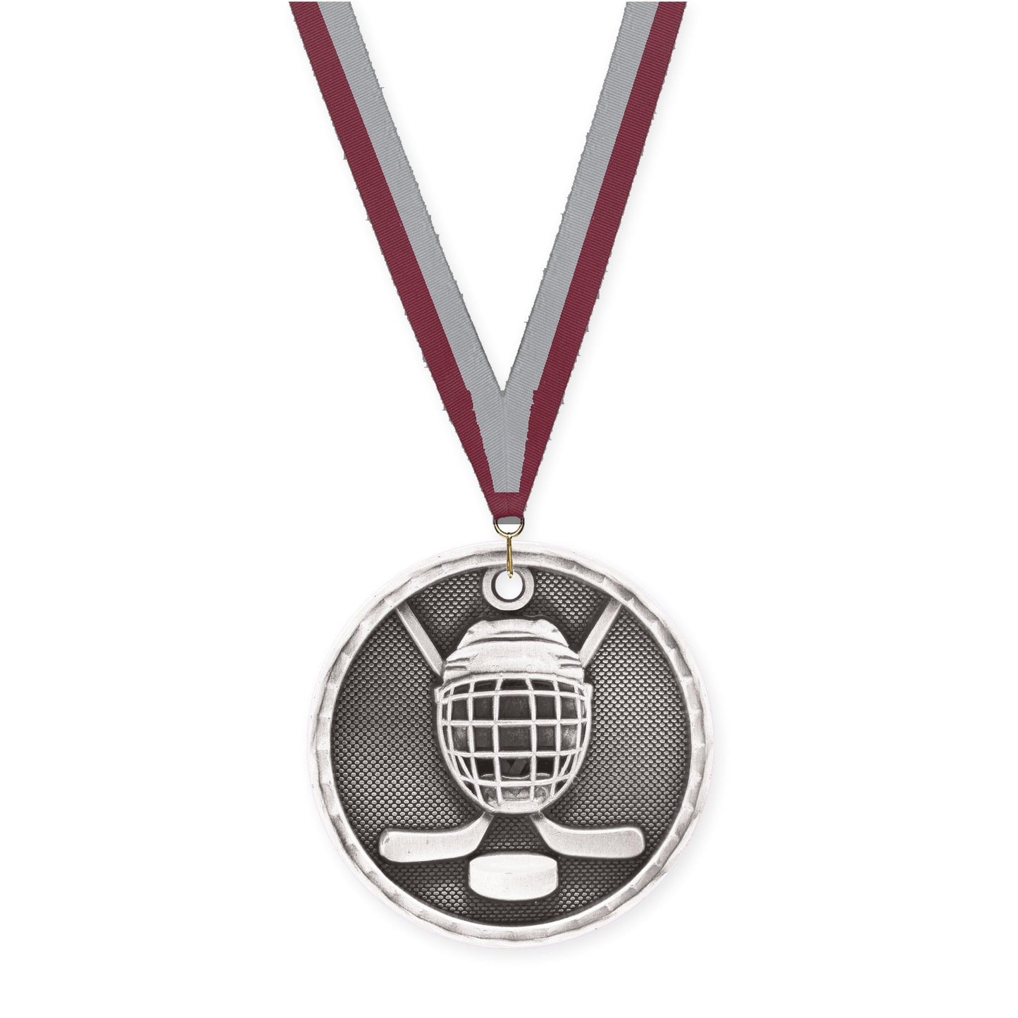 2 inch hockey 3-D medal in antique silver with Maroon Gray neck ribbon