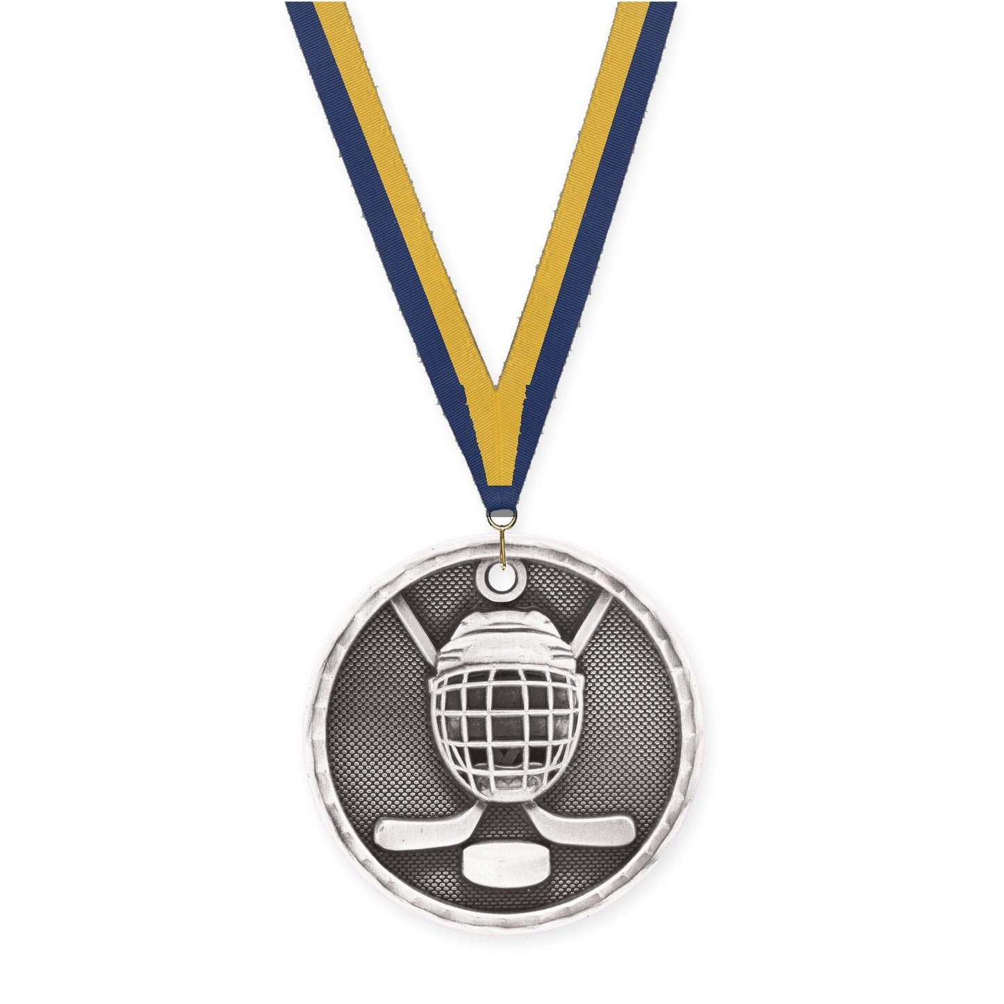 2 inch hockey 3-D medal in antique silver with Navy Gold neck ribbon
