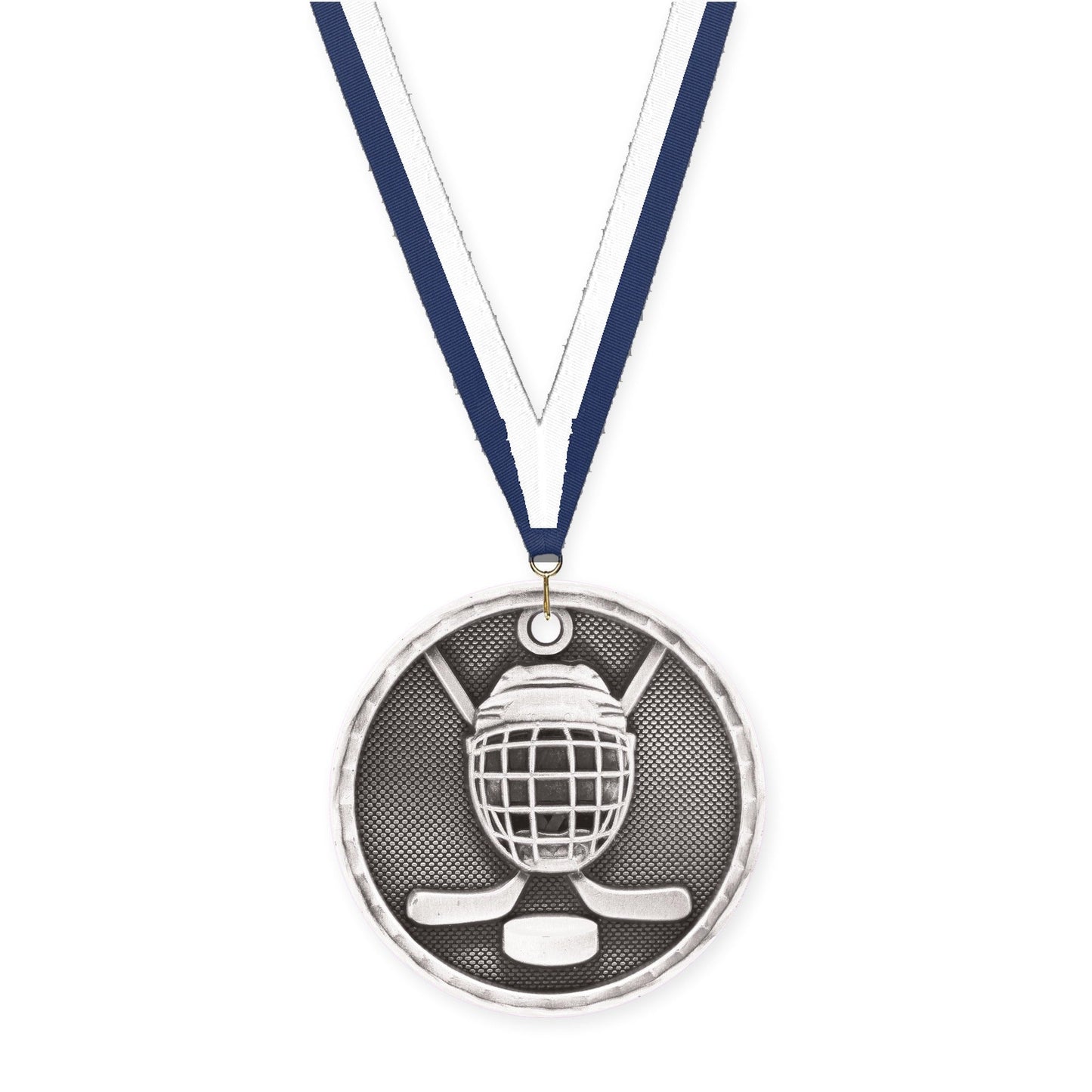 2 inch hockey 3-D medal in antique silver with Navy White neck ribbon