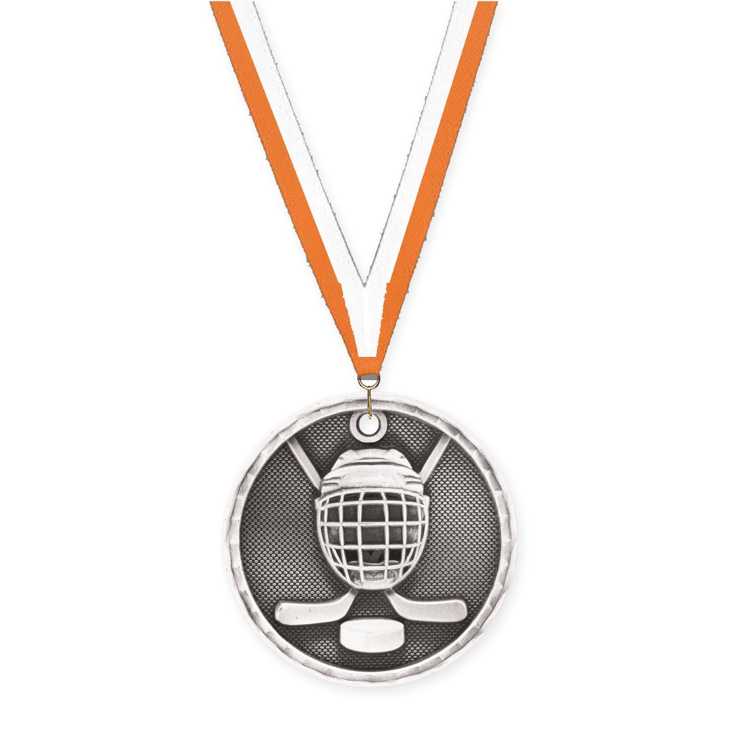 2 inch hockey 3-D medal in antique silver with Orange White neck ribbon
