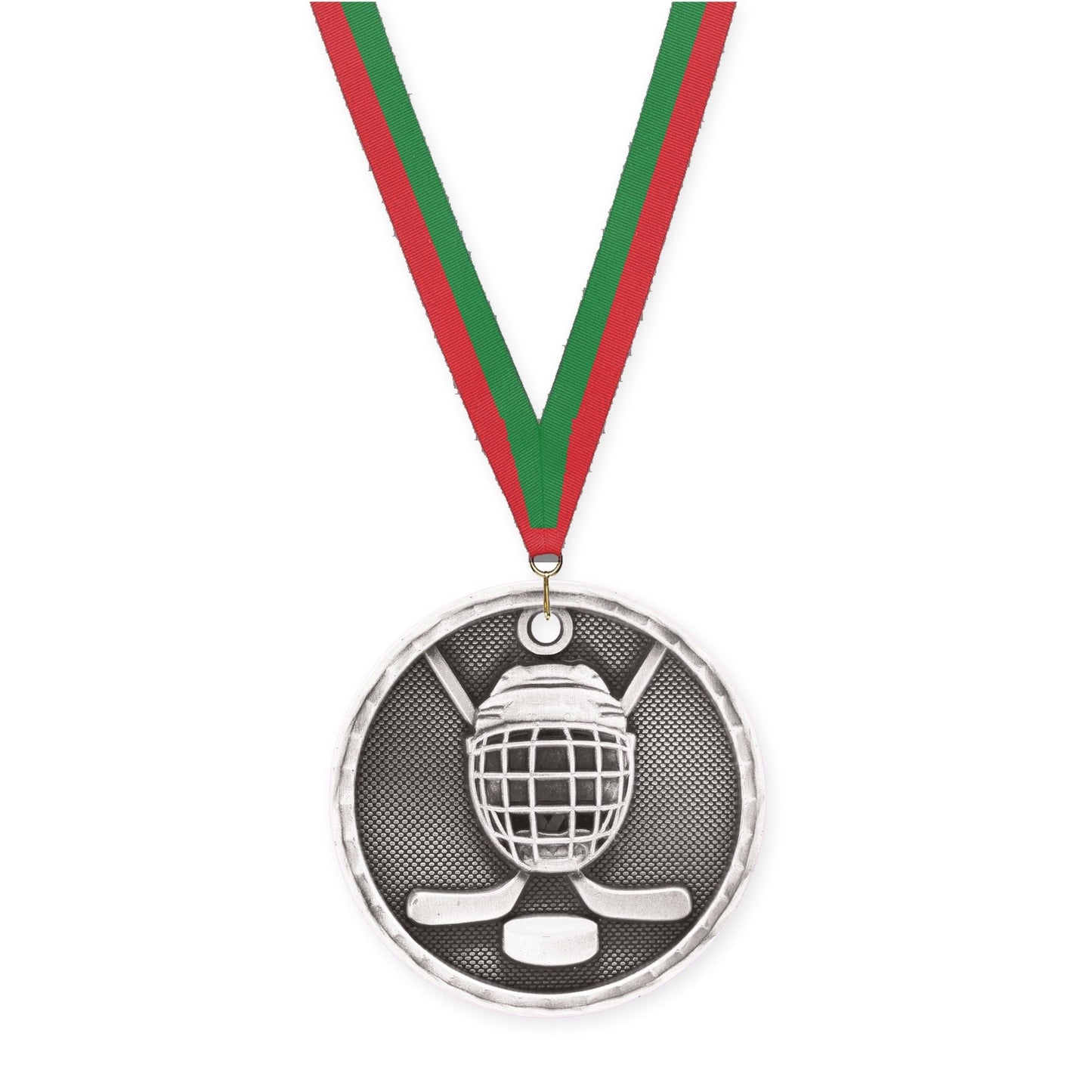 2 inch hockey 3-D medal in antique silver with Red Green neck ribbon