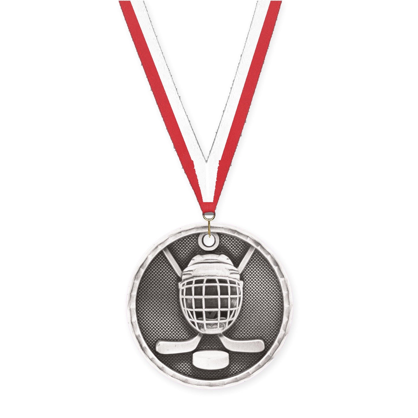 2 inch hockey 3-D medal in antique silver with Red White neck ribbon