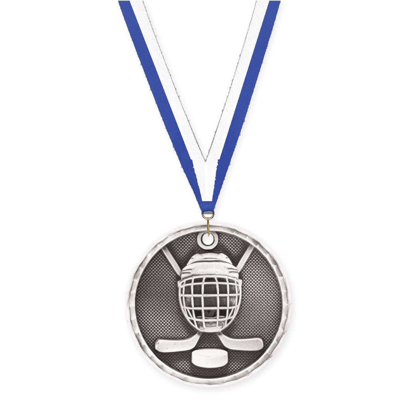 2 inch hockey 3-D medal in antique silver with Blue White neck ribbon