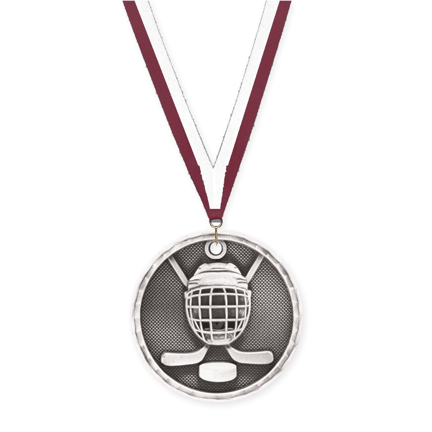2 inch hockey 3-D medal in antique silver with Maroon White neck ribbon