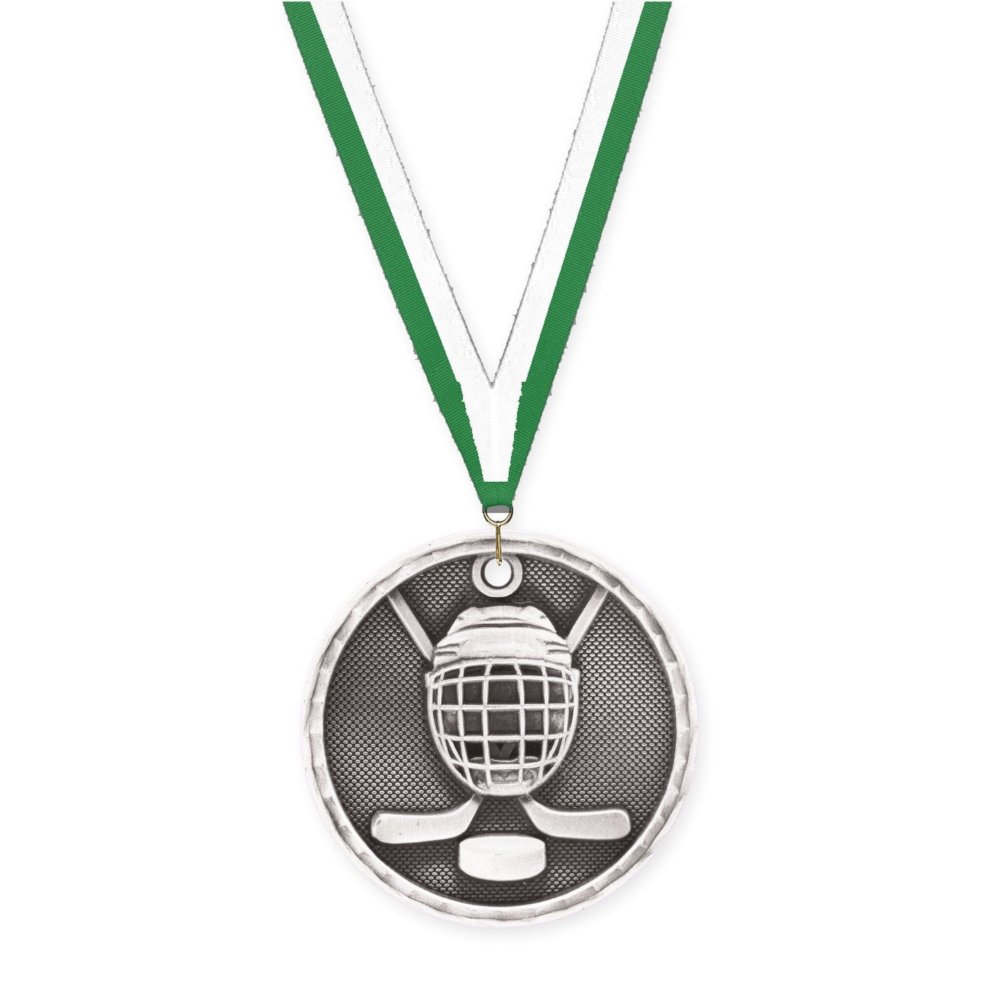 2 inch hockey 3-D medal in antique silver with Green White neck ribbon
