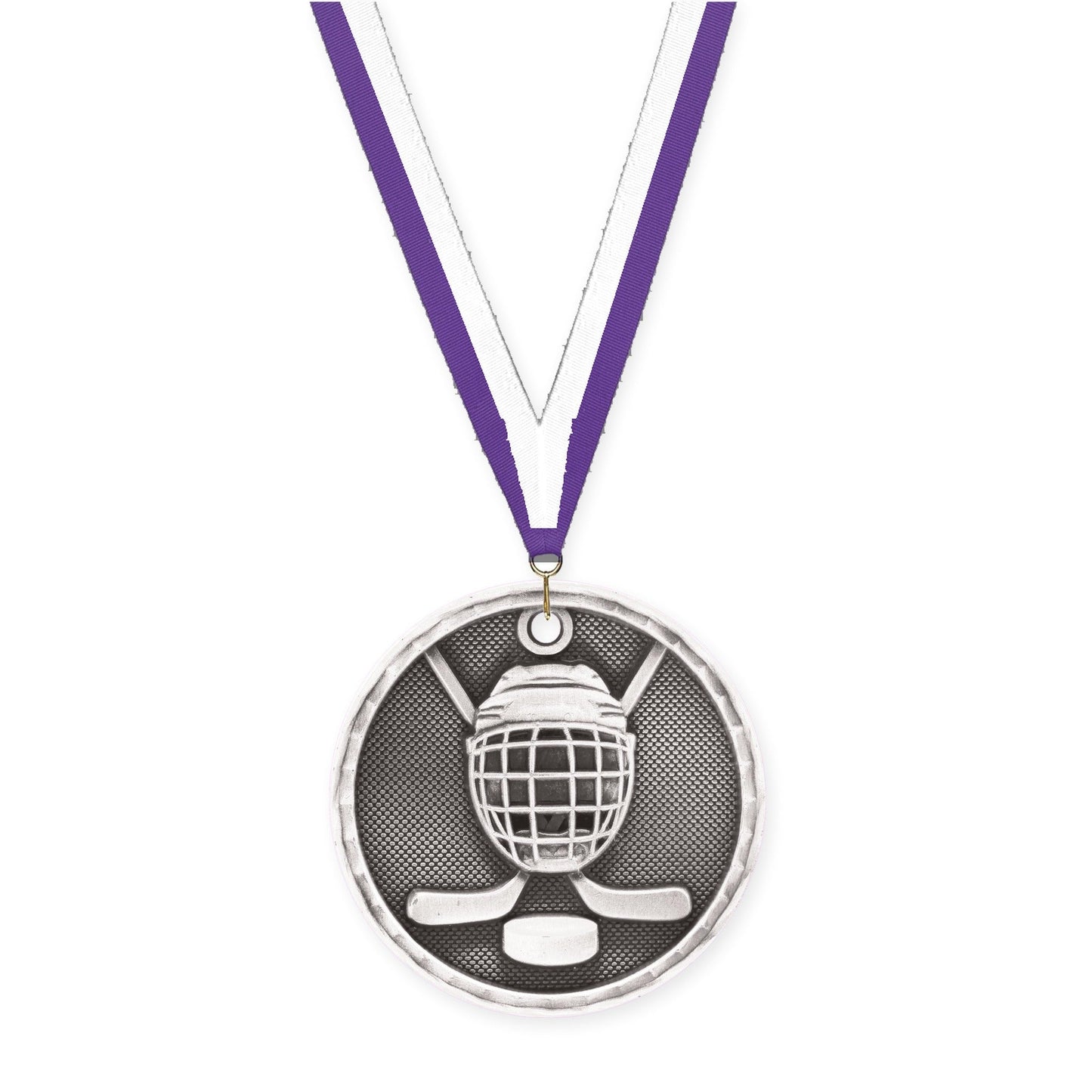 2 inch hockey 3-D medal in antique silver with Purple White neck ribbon