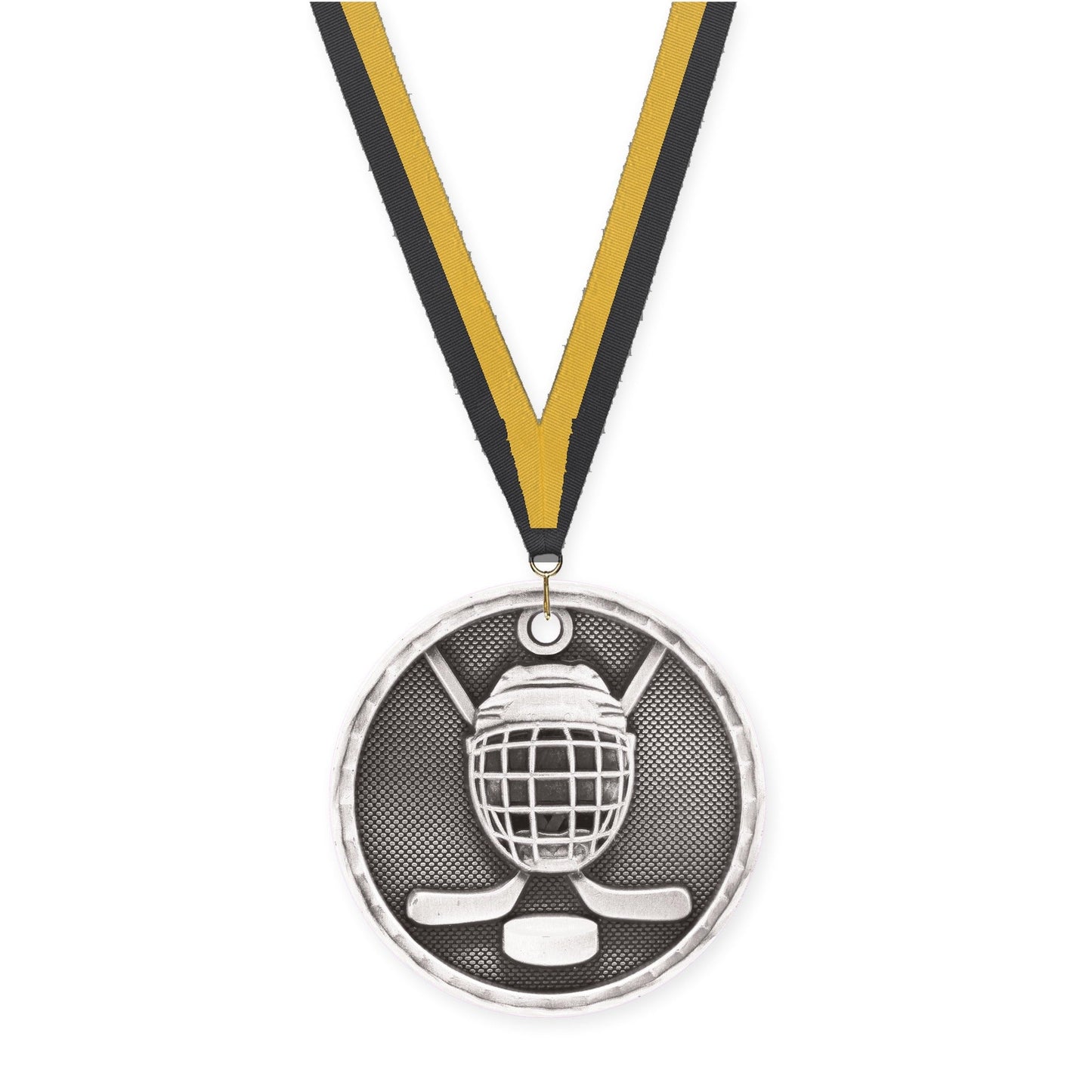 2 inch hockey 3-D medal in antique silver with Black Gold neck ribbon