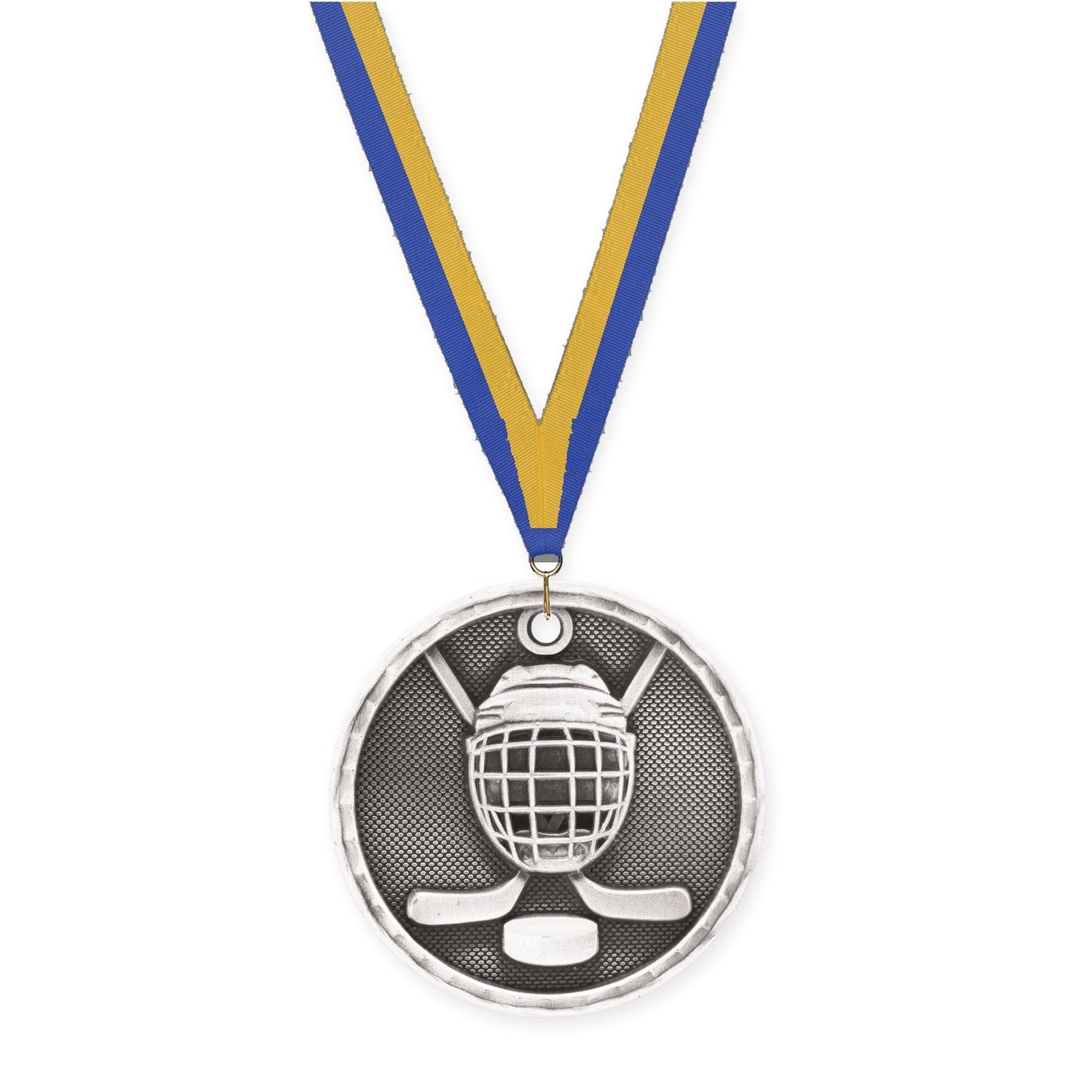 2 inch hockey 3-D medal in antique silver with Blue Gold neck ribbon