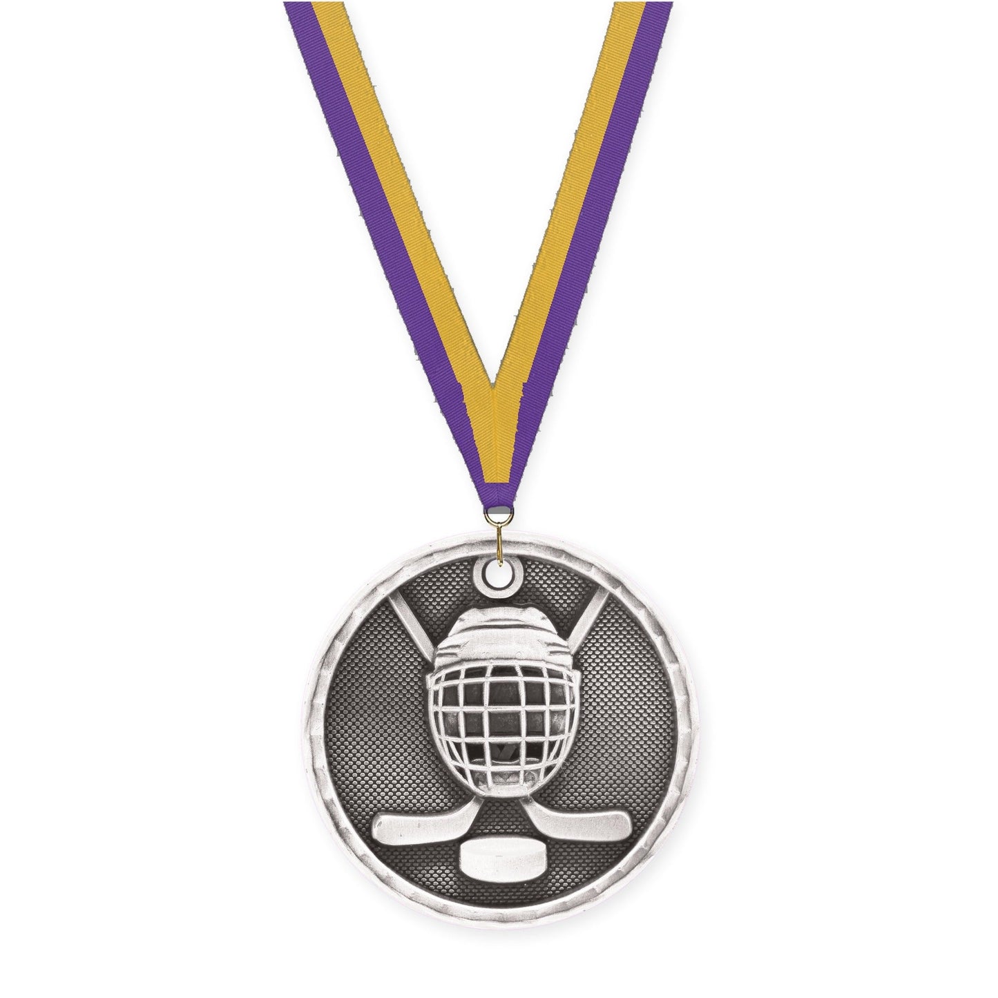 2 inch hockey 3-D medal in antique silver with Purple Gold neck ribbon