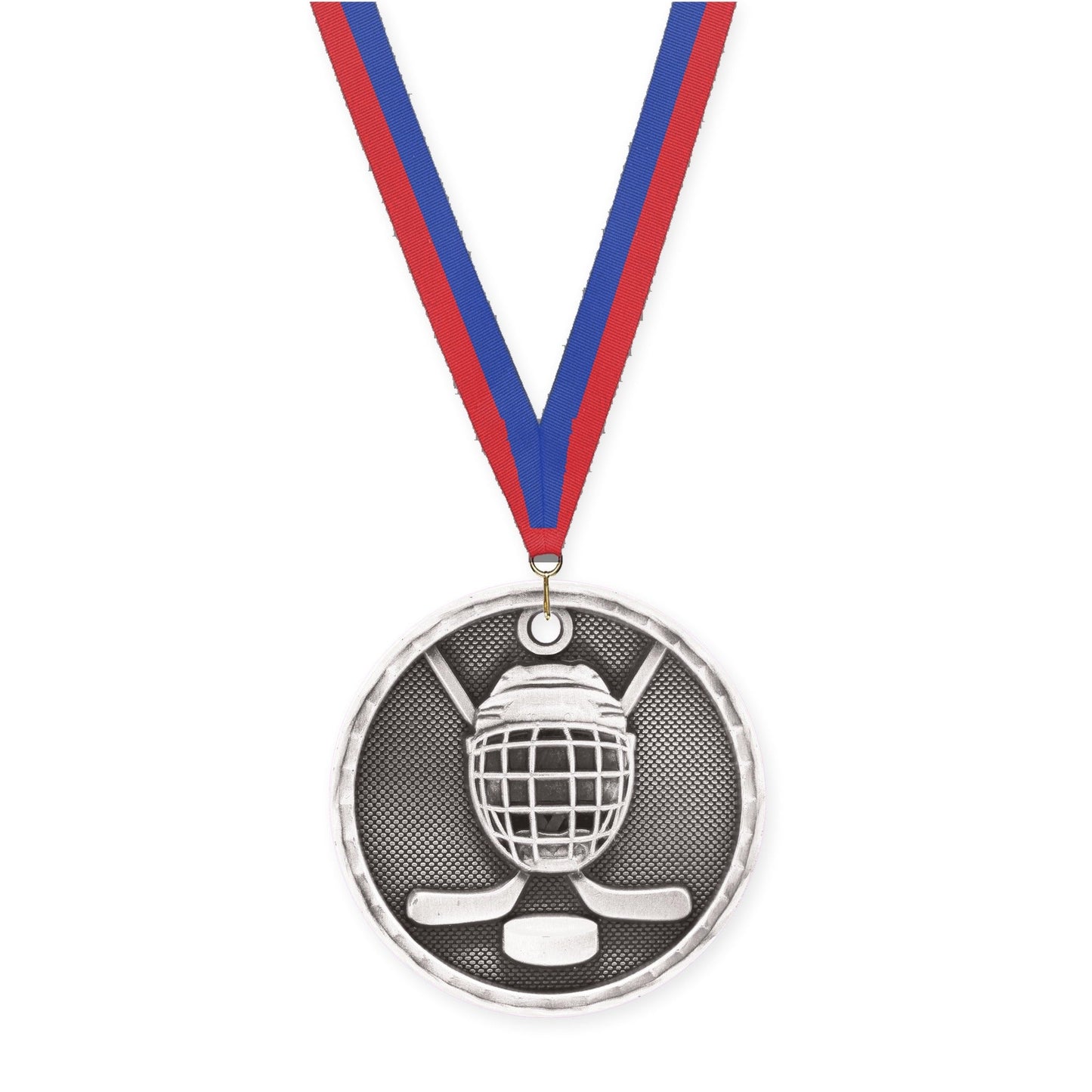2 inch hockey 3-D medal in antique silver with Blue Red neck ribbon