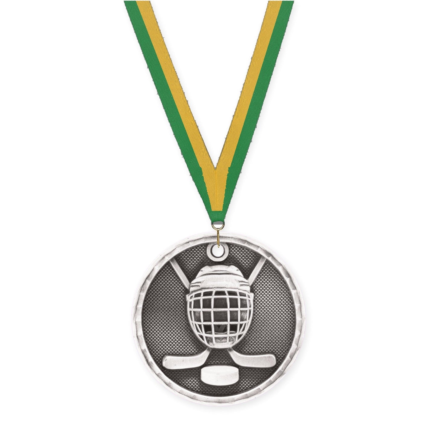 2 inch hockey 3-D medal in antique silver with Green Gold neck ribbon
