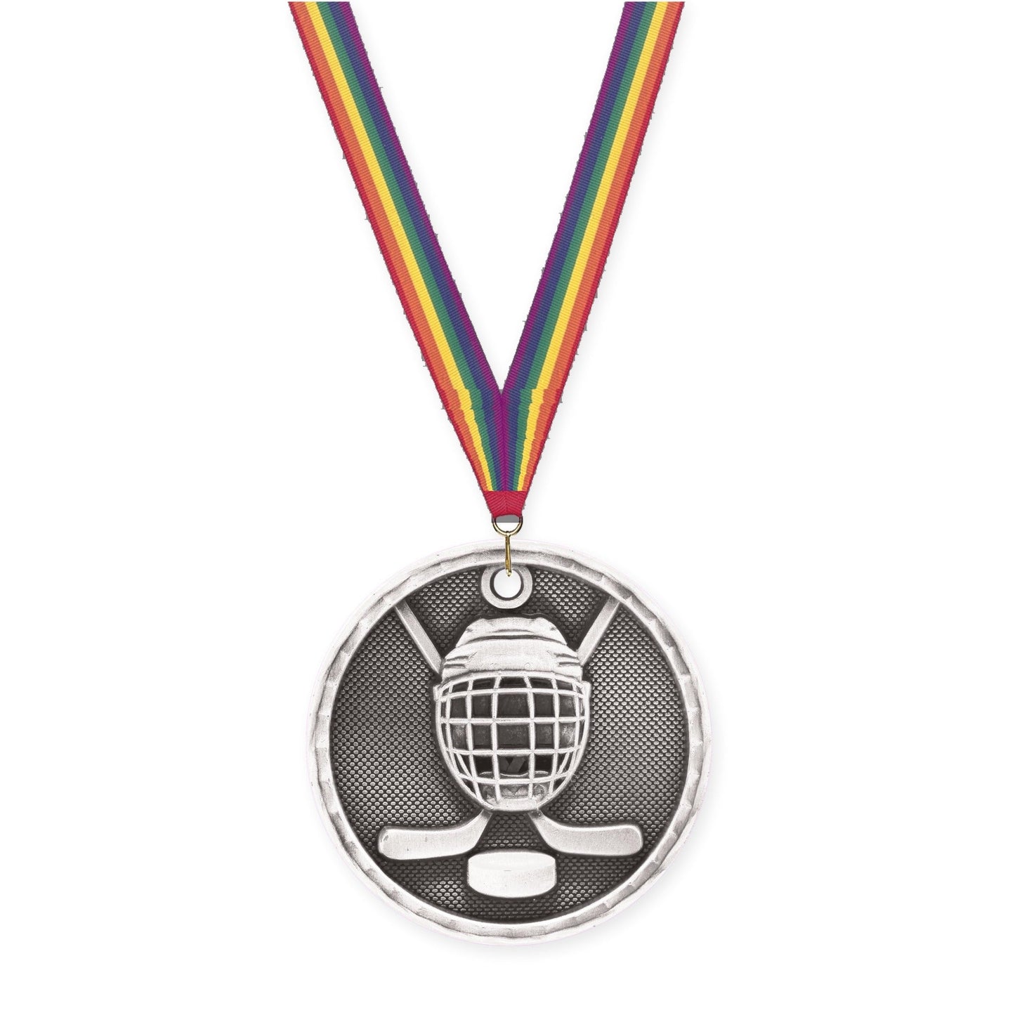 2 inch hockey 3-D medal in antique silver with Rainbow neck ribbon