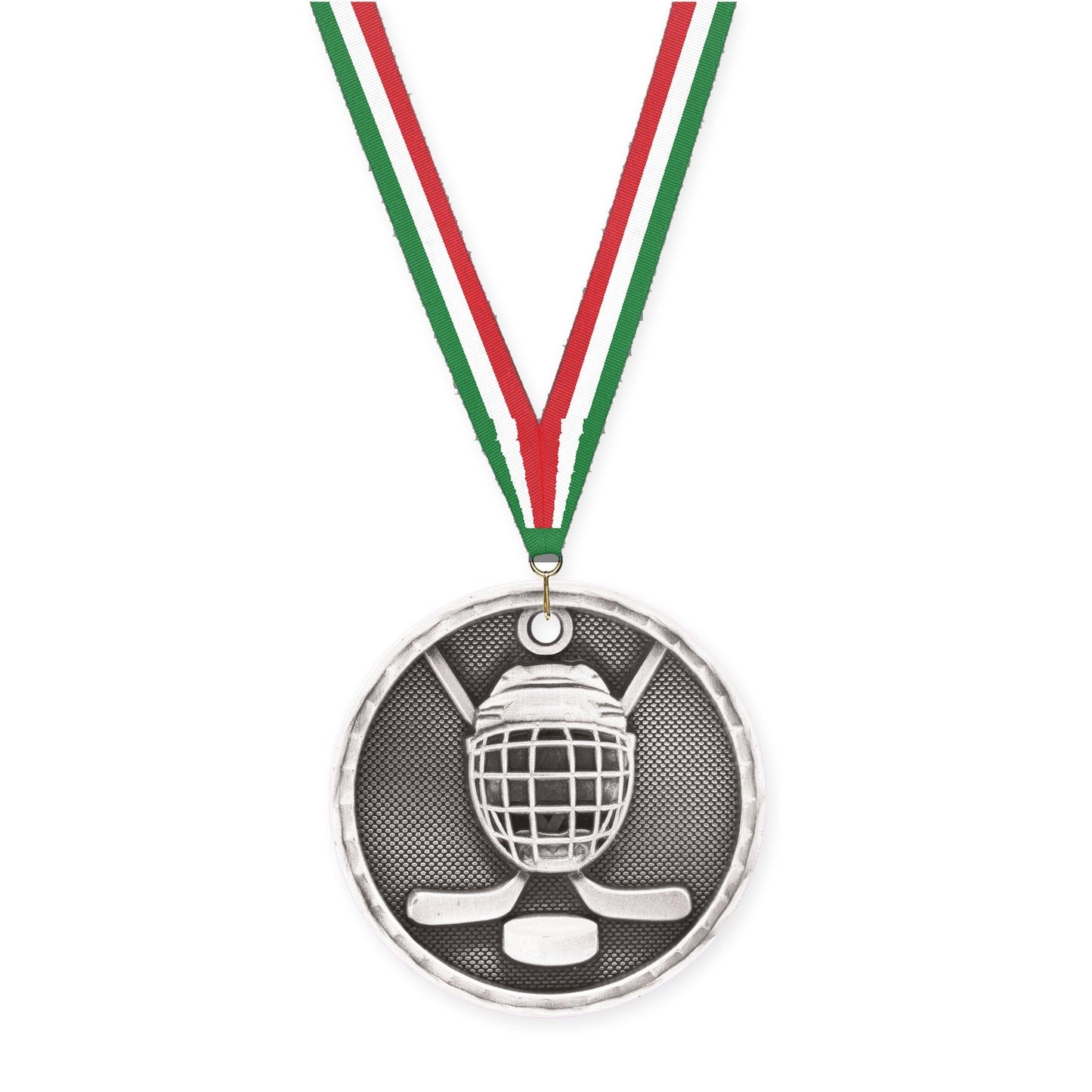 2 inch hockey 3-D medal in antique silver with Green White Red neck ribbon