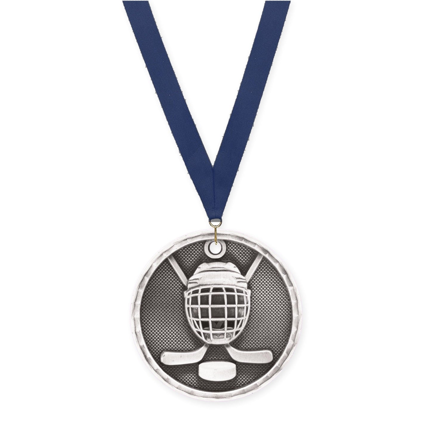 2 inch hockey 3-D medal in antique silver with Navy neck ribbon