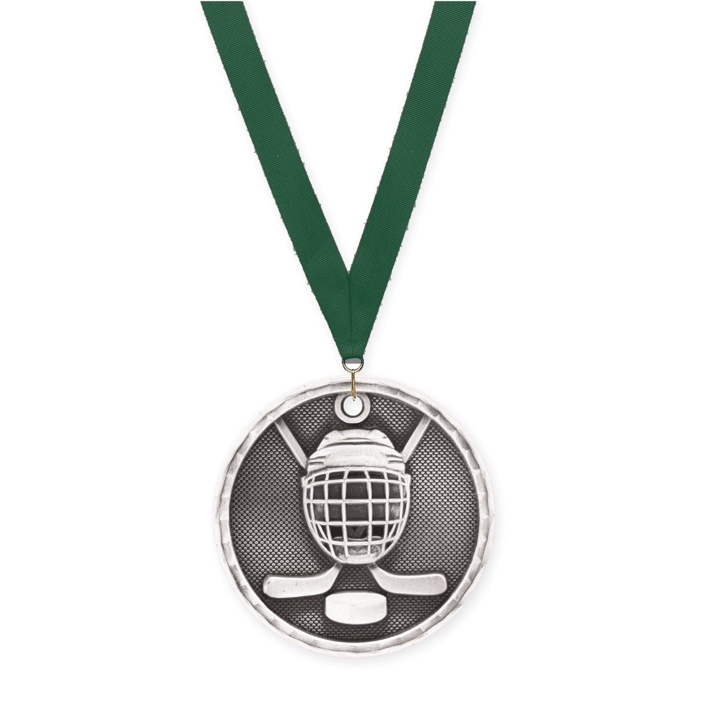 2 inch hockey 3-D medal in antique silver with Hunter Green neck ribbon