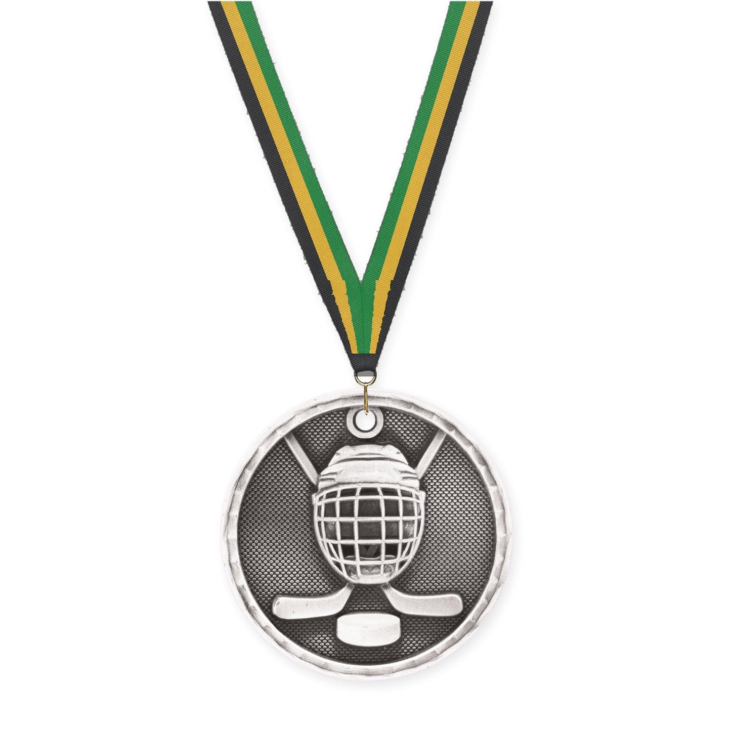 2 inch hockey 3-D medal in antique silver with Black Gold Green neck ribbon