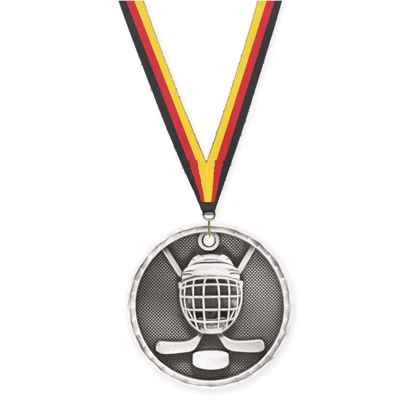 2 inch hockey 3-D medal in antique silver with Black Red Yellow neck ribbon