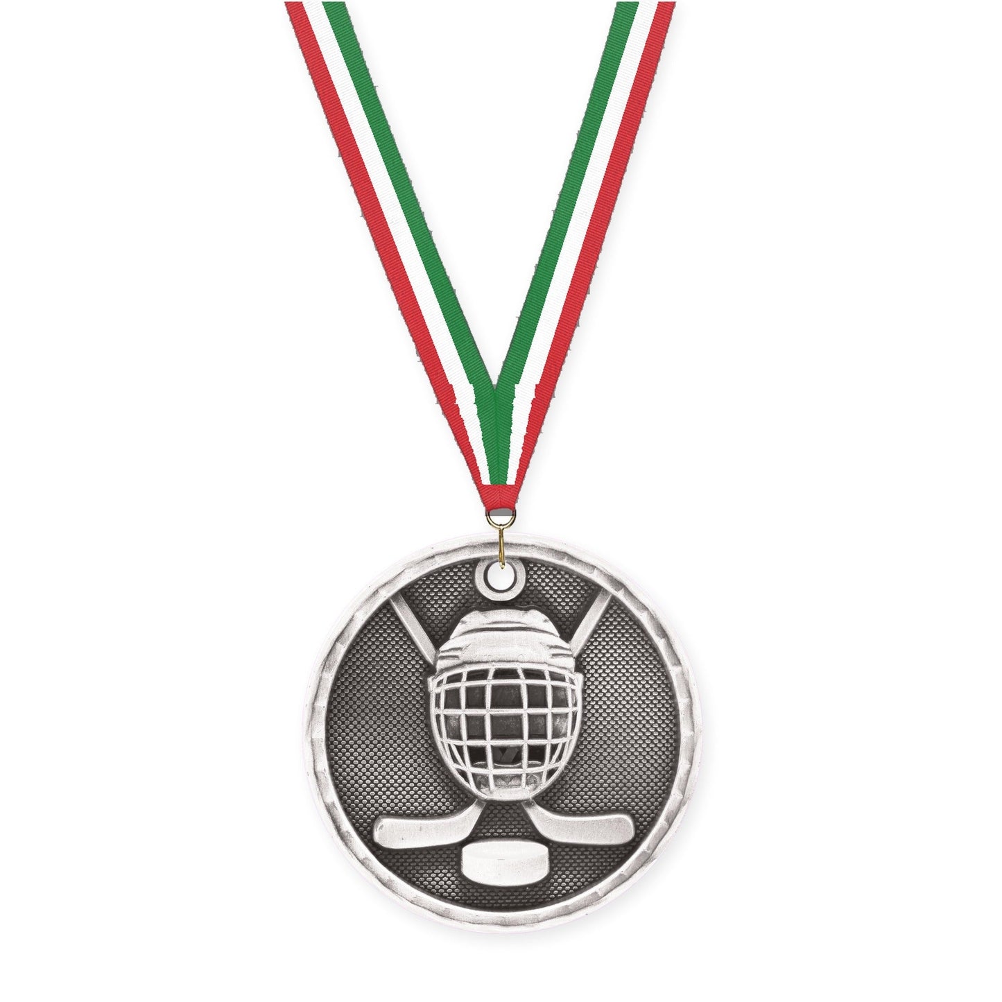 2 inch hockey 3-D medal in antique silver with Red White Green neck ribbon