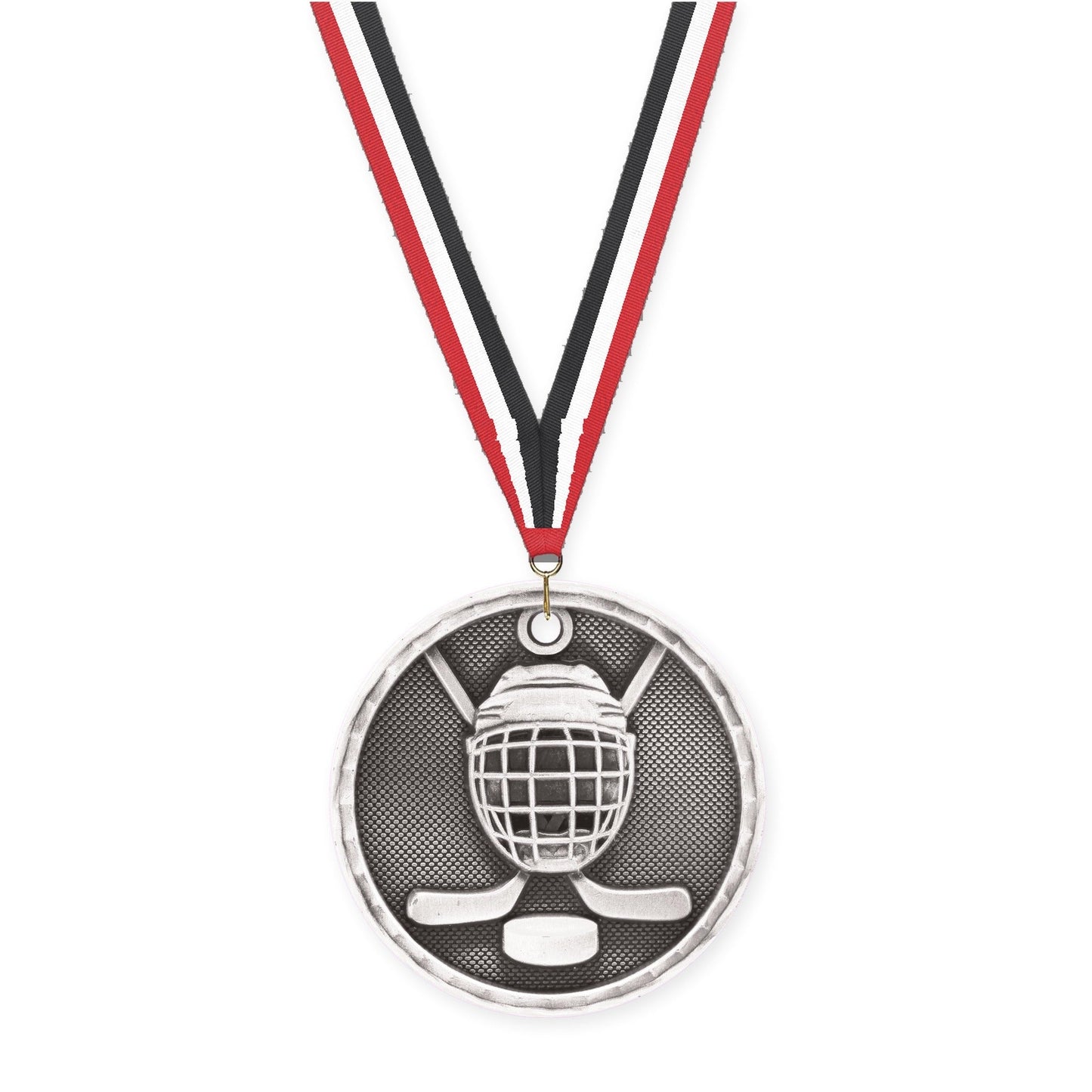 2 inch hockey 3-D medal in antique silver with Red White Black neck ribbon