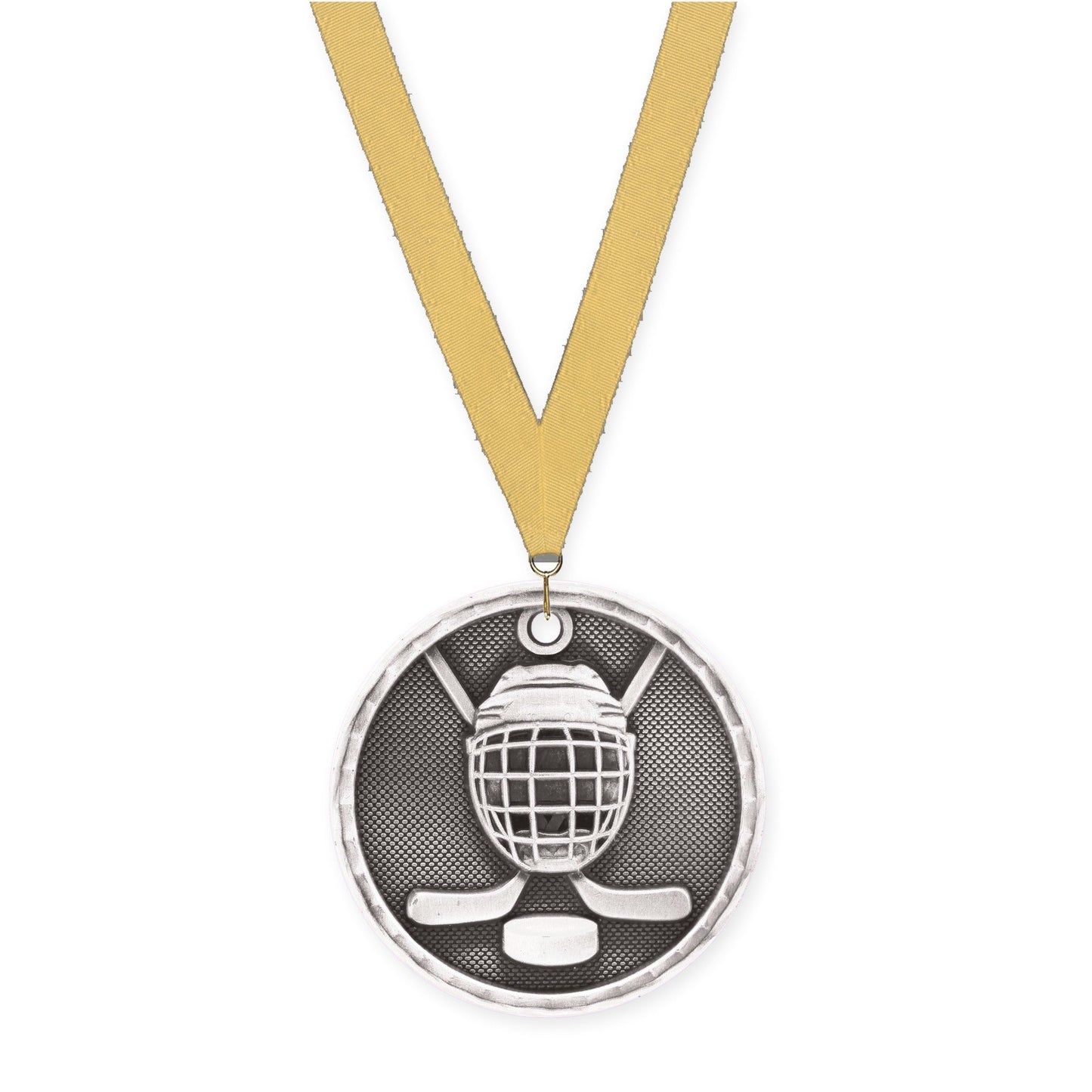 2 inch hockey 3-D medal in antique silver with Gold Metallic neck ribbon