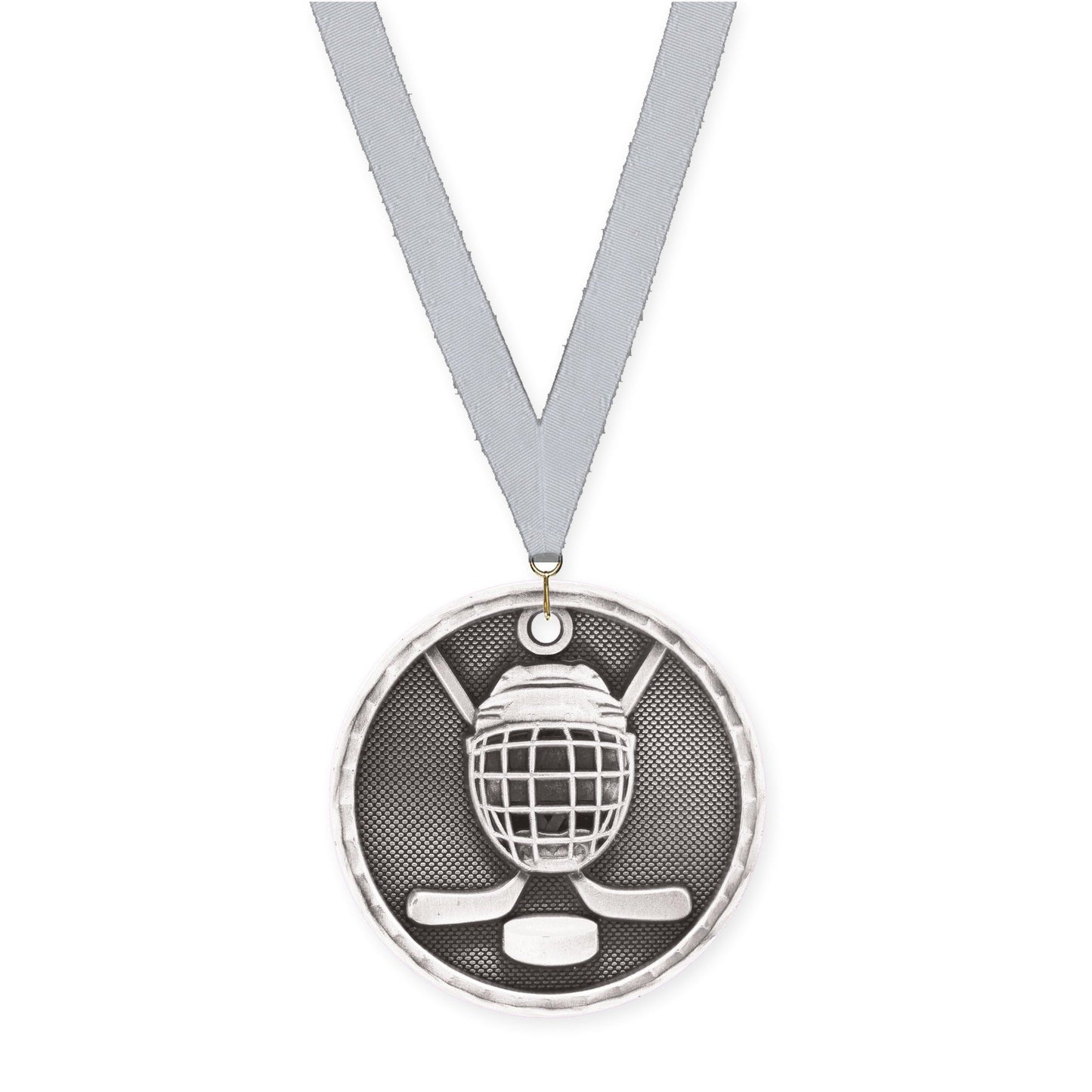 2 inch hockey 3-D medal in antique silver with Silver Metallic neck ribbon