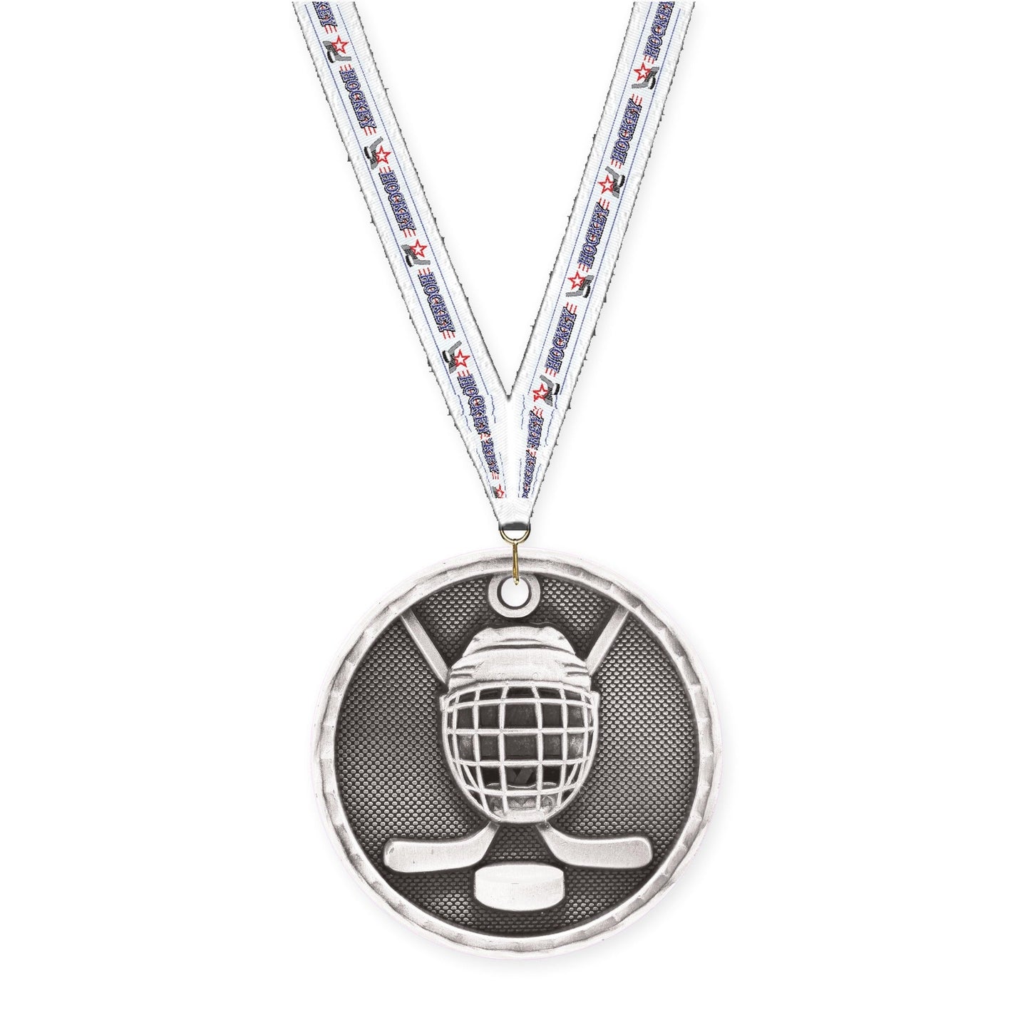 2 inch hockey 3-D medal in antique silver with Hockey neck ribbon
