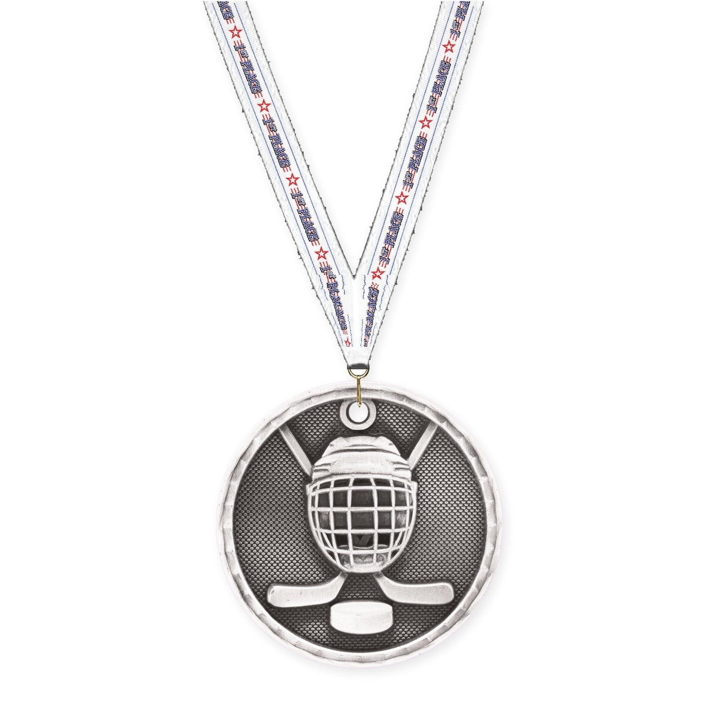2 inch hockey 3-D medal in antique silver with 1st Place neck ribbon