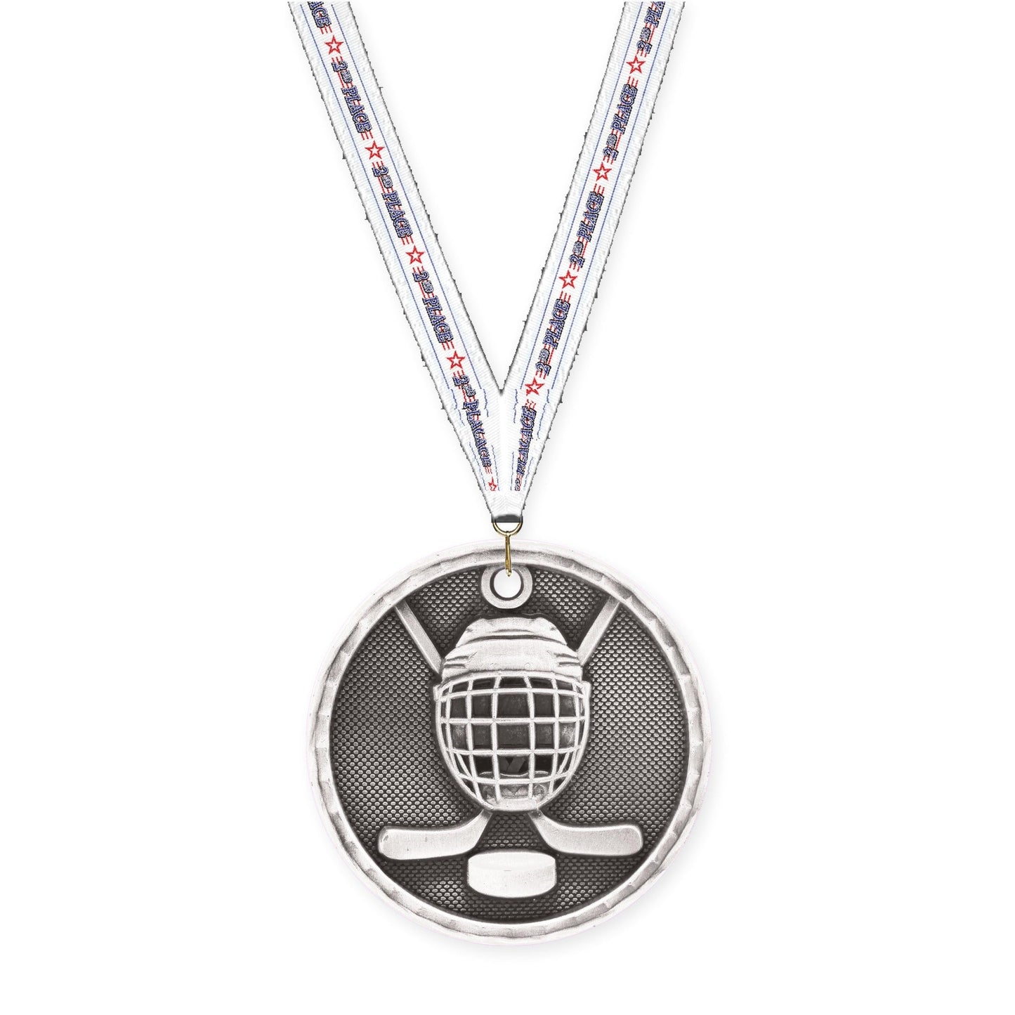 2 inch hockey 3-D medal in antique silver with 2nd Place neck ribbon