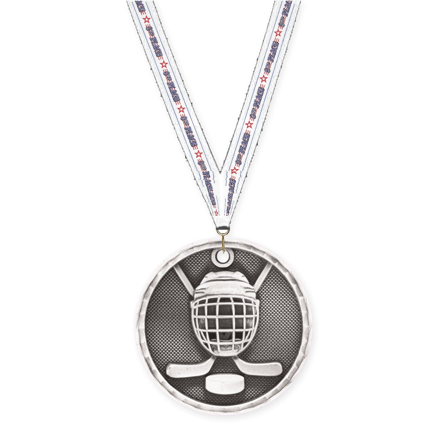 2 inch hockey 3-D medal in antique silver with 3rd Place neck ribbon