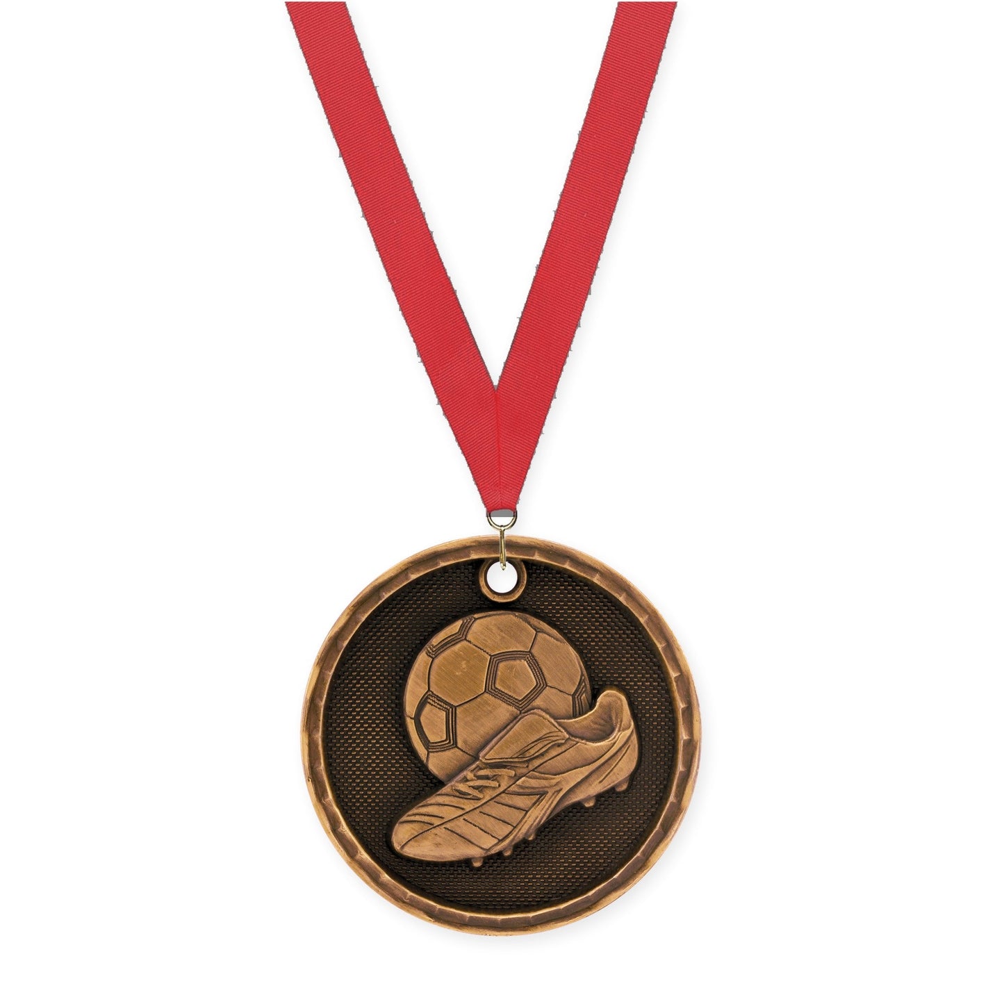 2 inch soccer 3-D medal in antique bronze with Red neck ribbon
