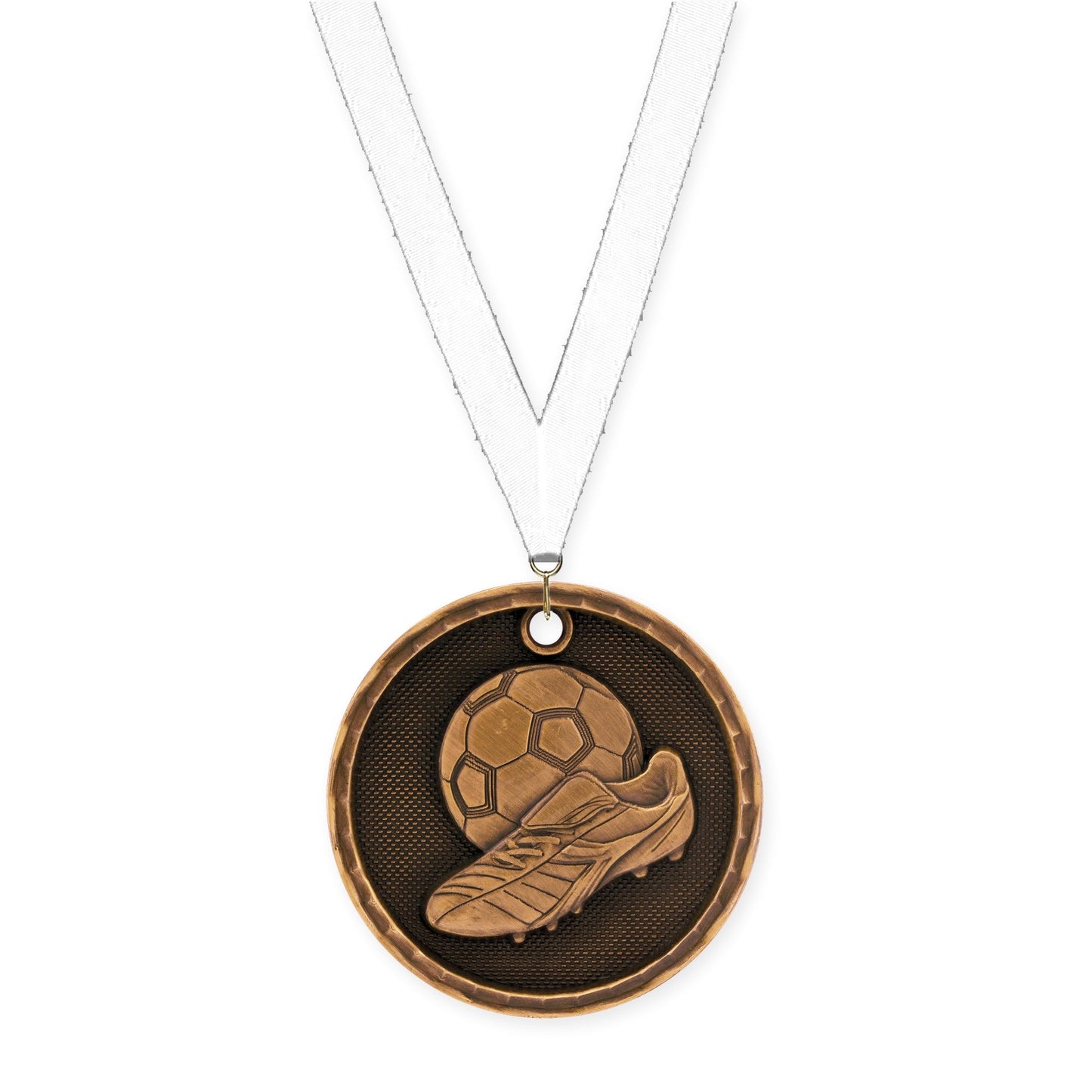 2 inch soccer 3-D medal in antique bronze with White neck ribbon