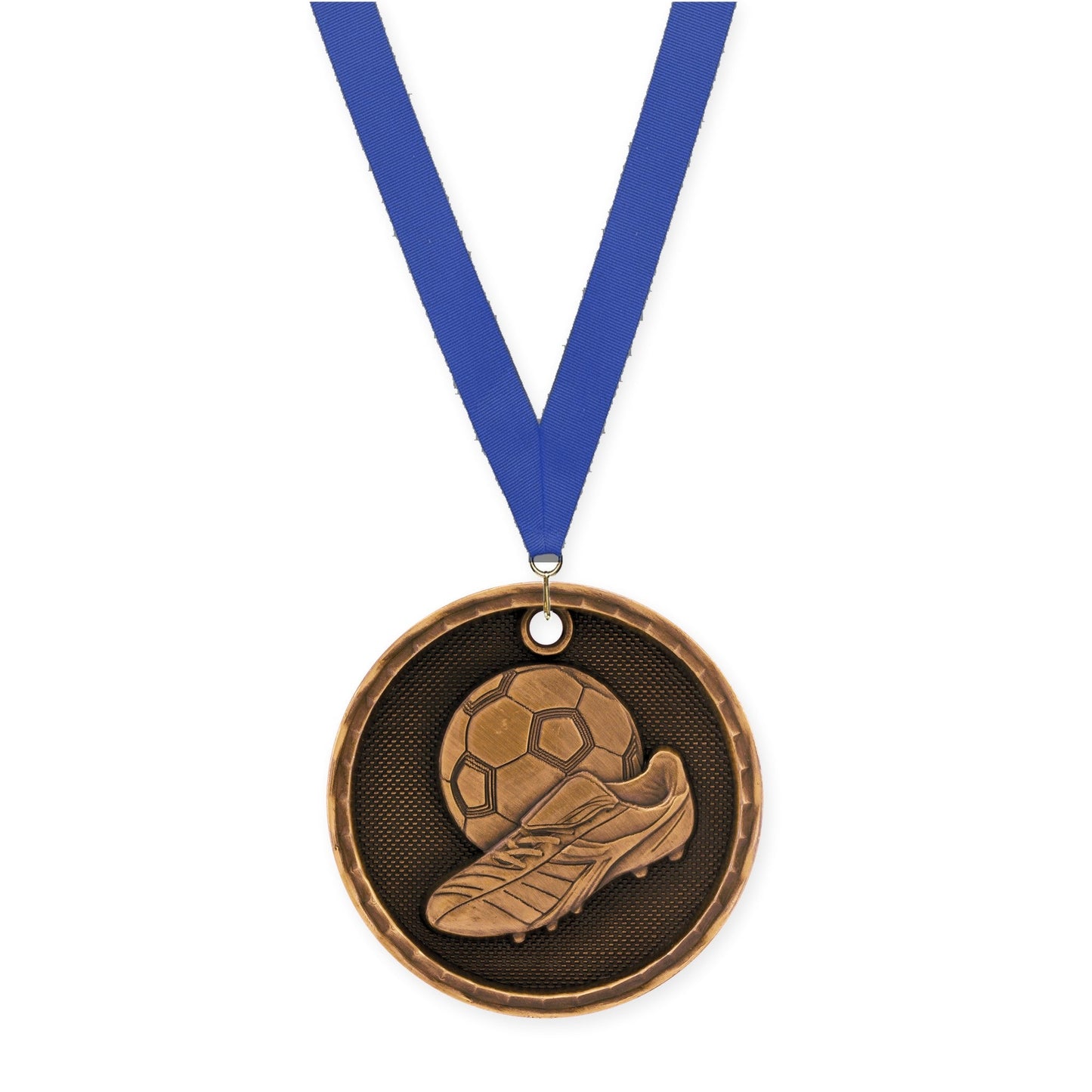2 inch soccer 3-D medal in antique bronze with Blue neck ribbon