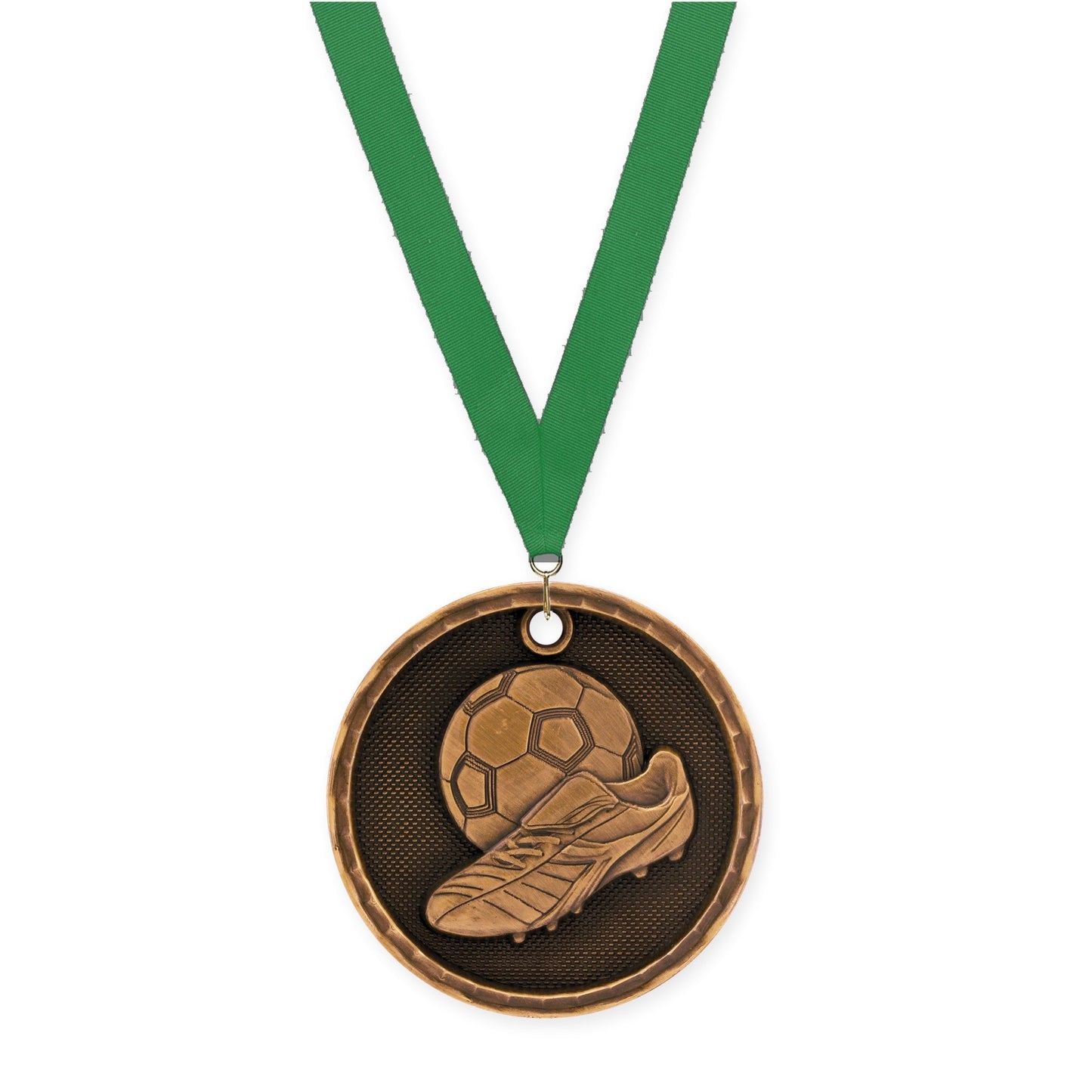 2 inch soccer 3-D medal in antique bronze with Green neck ribbon