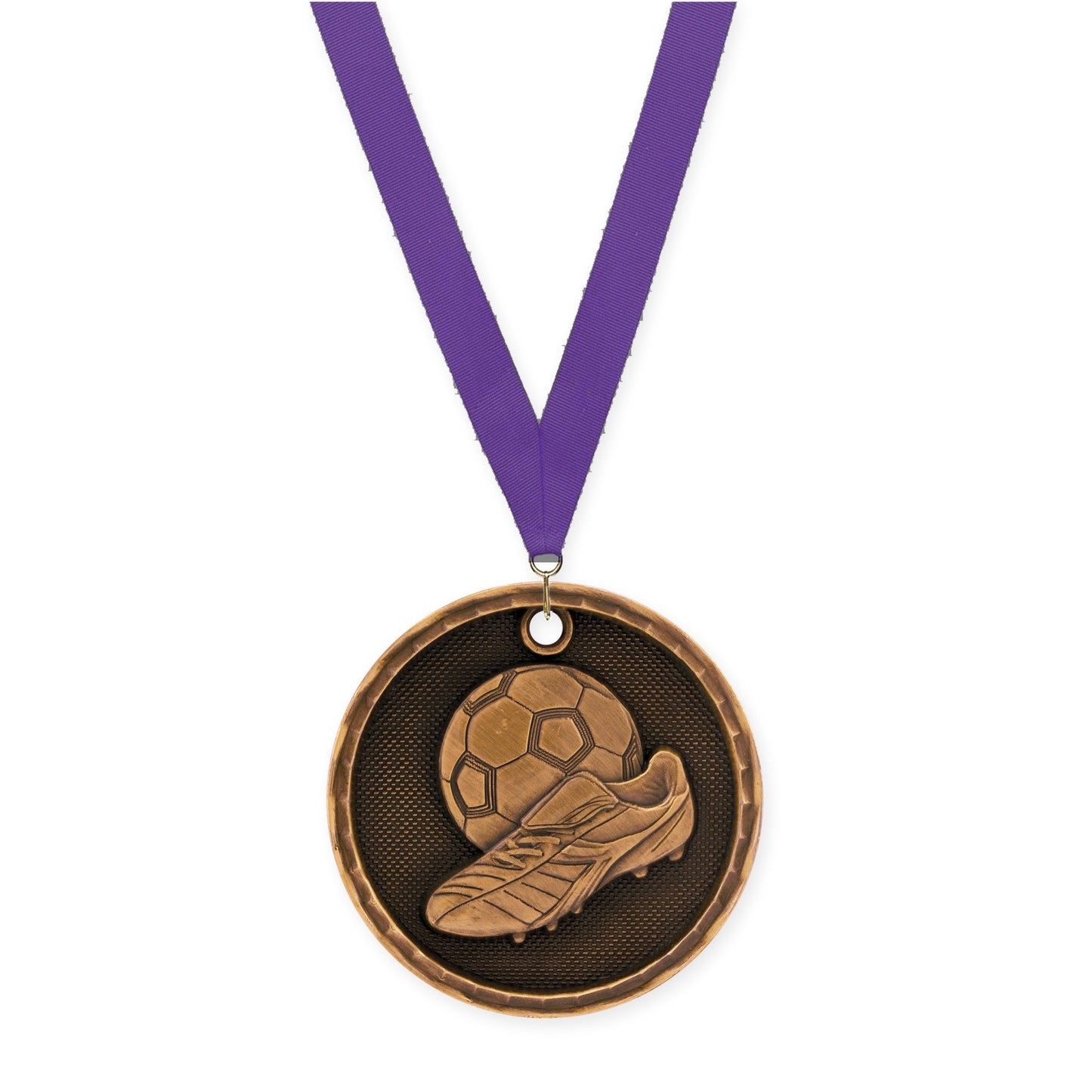 2 inch soccer 3-D medal in antique bronze with Purple neck ribbon