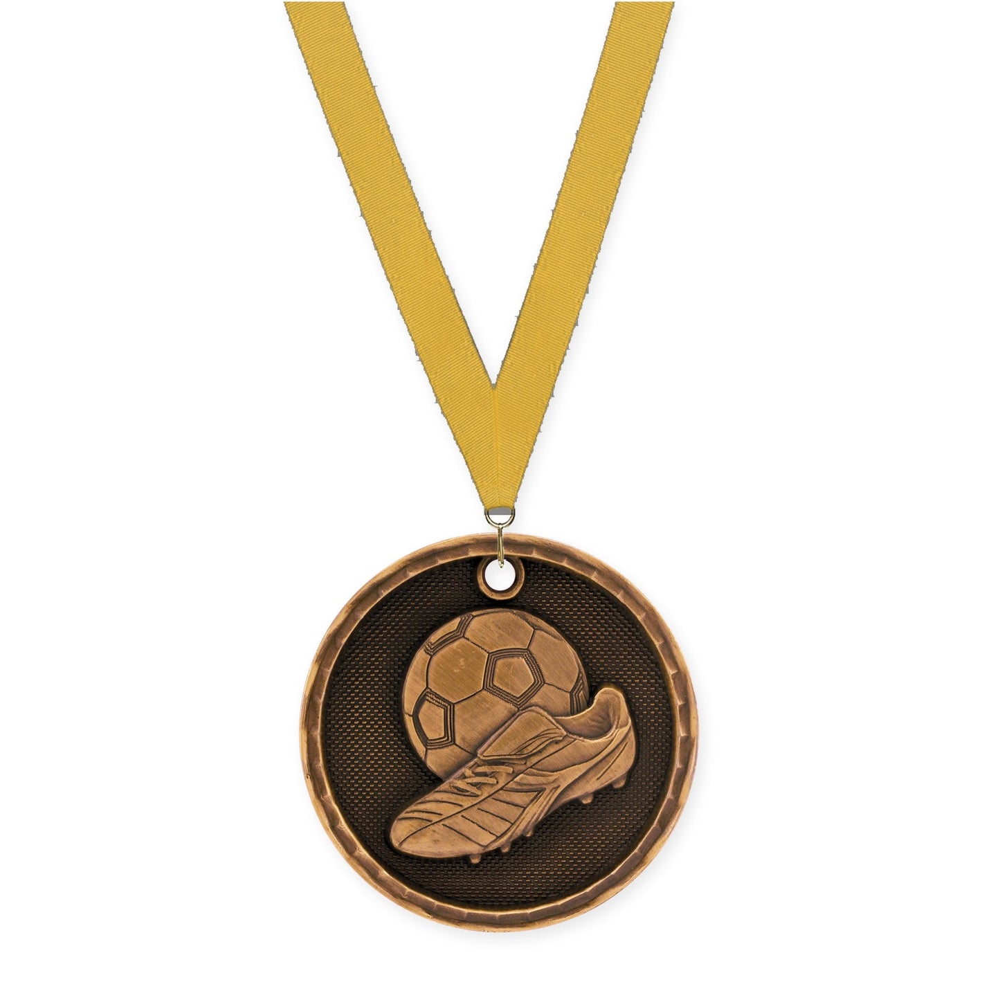 2 inch soccer 3-D medal in antique bronze with Gold neck ribbon