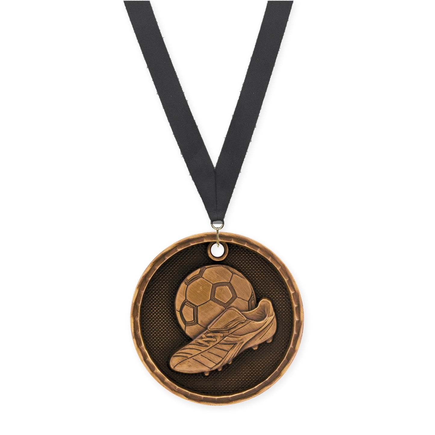 2 inch soccer 3-D medal in antique bronze with Black neck ribbon