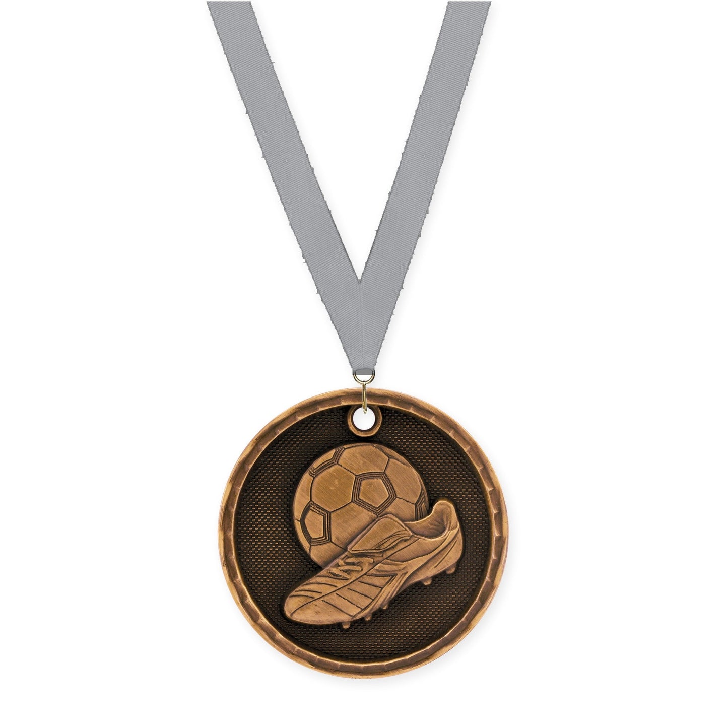2 inch soccer 3-D medal in antique bronze with Gray neck ribbon