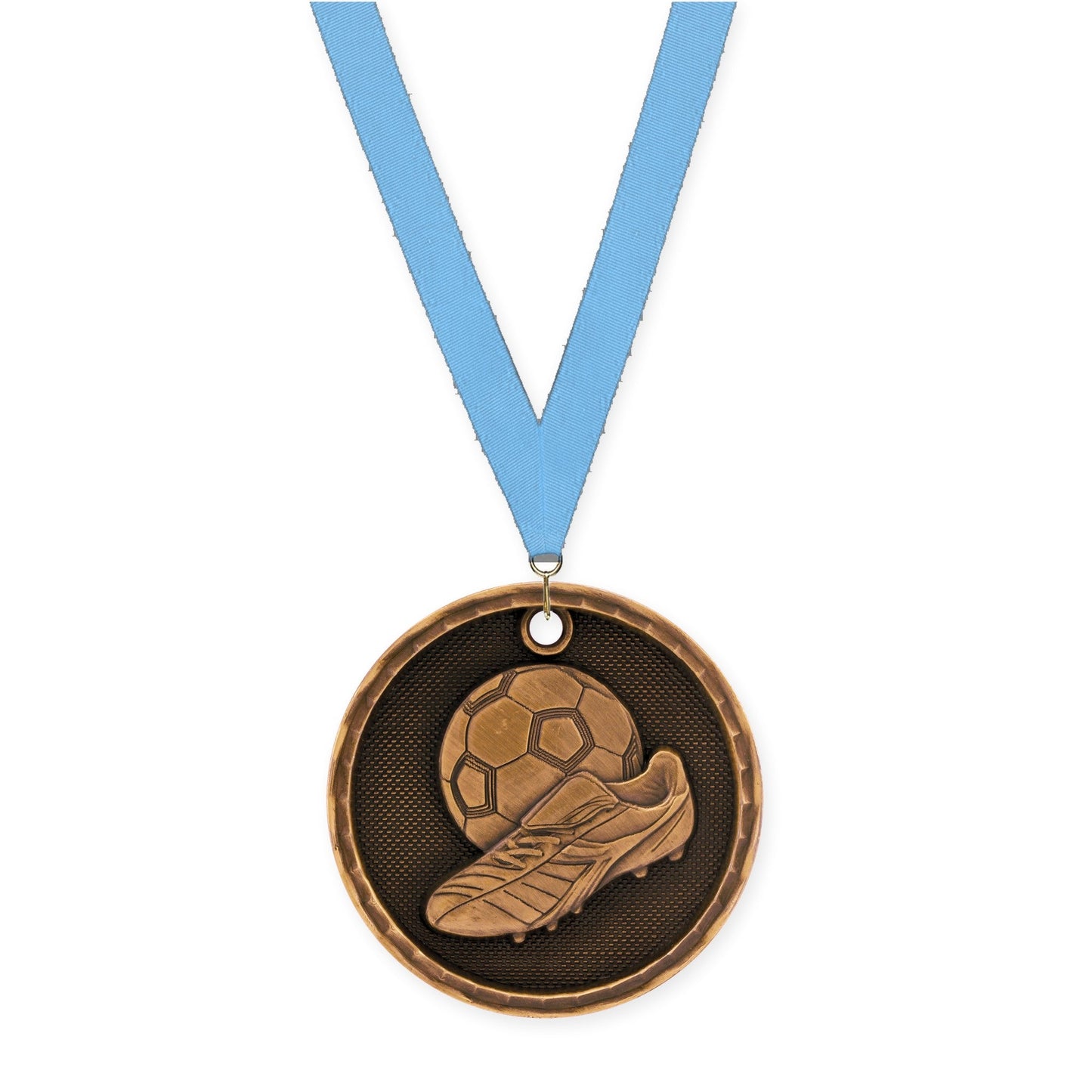 2 inch soccer 3-D medal in antique bronze with Light Blue neck ribbon