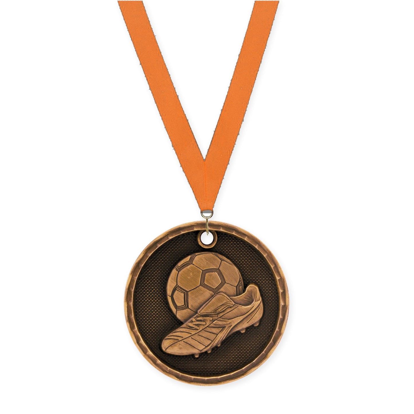 2 inch soccer 3-D medal in antique bronze with Orange neck ribbon