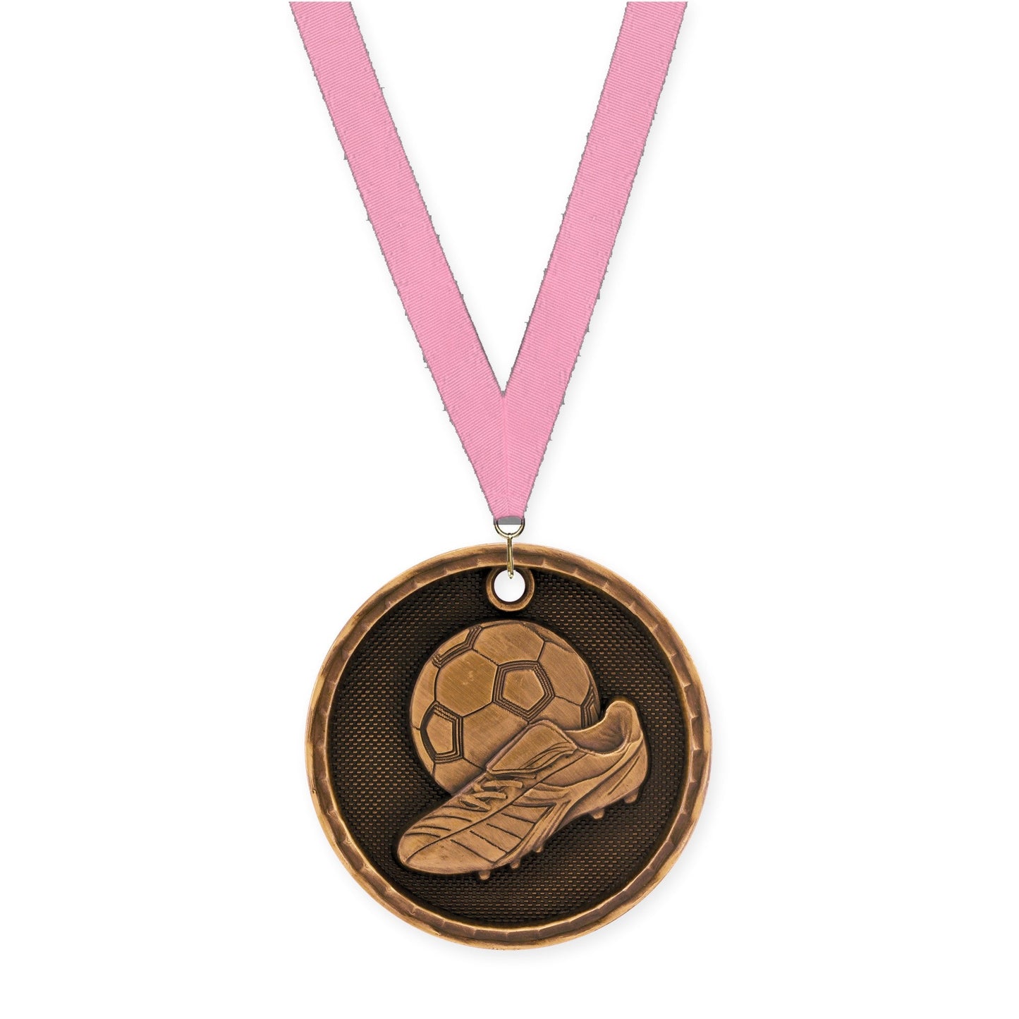 2 inch soccer 3-D medal in antique bronze with Pink neck ribbon