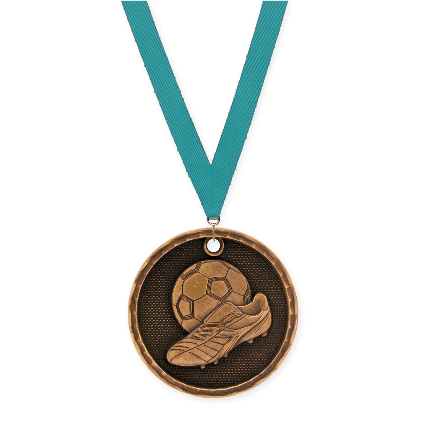 2 inch soccer 3-D medal in antique bronze with Teal neck ribbon